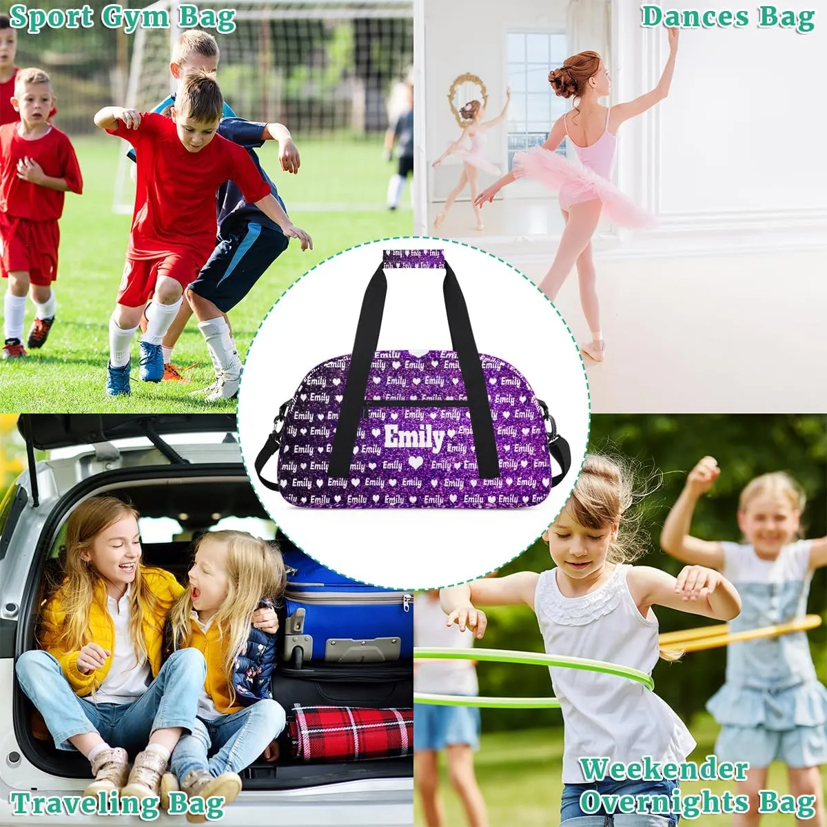 Custom Name Sports Duffel Bag for Kids Boys Girls, Personalized Gym Sport Duffel Cheerleading Bag Travel Weekender Tote Carry-On Bag, Love Heart, Deep Purple Bling Glitters