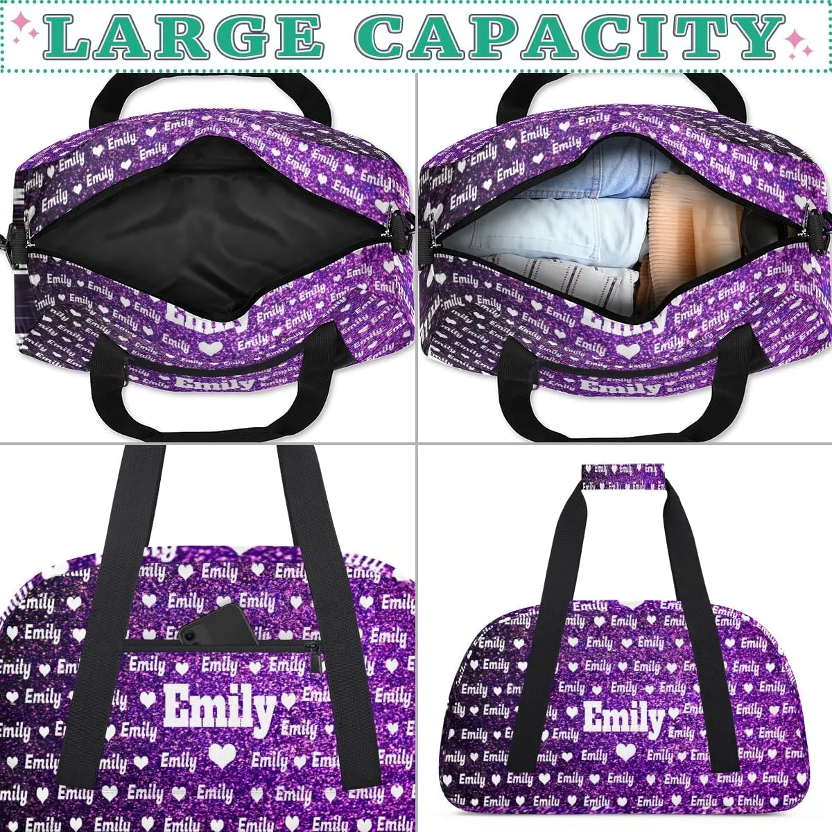 Custom Name Sports Duffel Bag for Kids Boys Girls, Personalized Gym Sport Duffel Cheerleading Bag Travel Weekender Tote Carry-On Bag, Love Heart, Deep Purple Bling Glitters