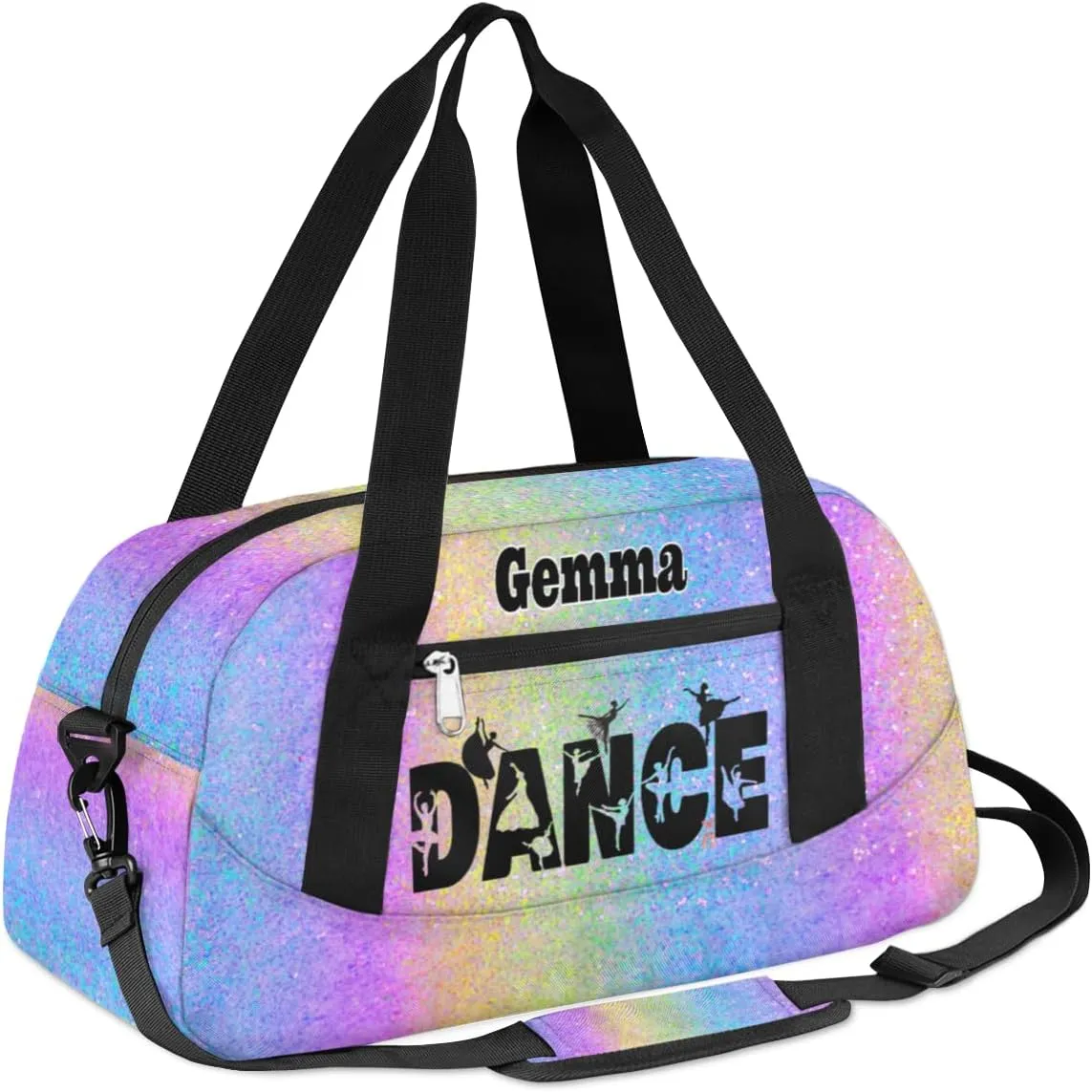 Custom Sports Dance Gym Bag, Personalized Dancing Ballet Bag Travel Overnight Small Duffel Bag Gymnastics Swimming Sleepover Overnight Sports Bag, Purple Blue Glitters Bling