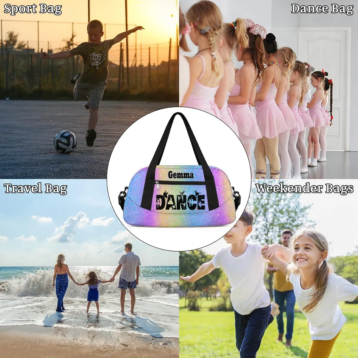 Custom Sports Dance Gym Bag, Personalized Dancing Ballet Bag Travel Overnight Small Duffel Bag Gymnastics Swimming Sleepover Overnight Sports Bag, Purple Blue Glitters Bling