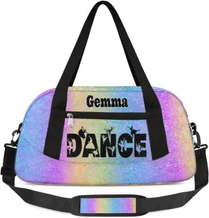 Custom Sports Dance Gym Bag, Personalized Dancing Ballet Bag Travel Overnight Small Duffel Bag Gymnastics Swimming Sleepover Overnight Sports Bag, Purple Blue Glitters Bling