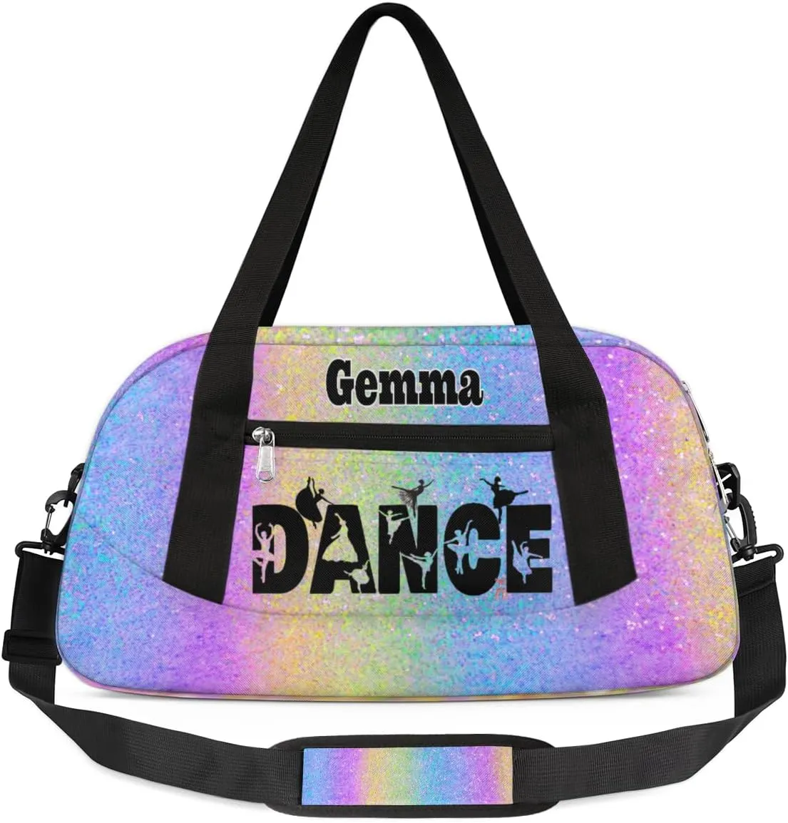 Custom Sports Dance Gym Bag, Personalized Dancing Ballet Bag Travel Overnight Small Duffel Bag Gymnastics Swimming Sleepover Overnight Sports Bag, Purple Blue Glitters Bling