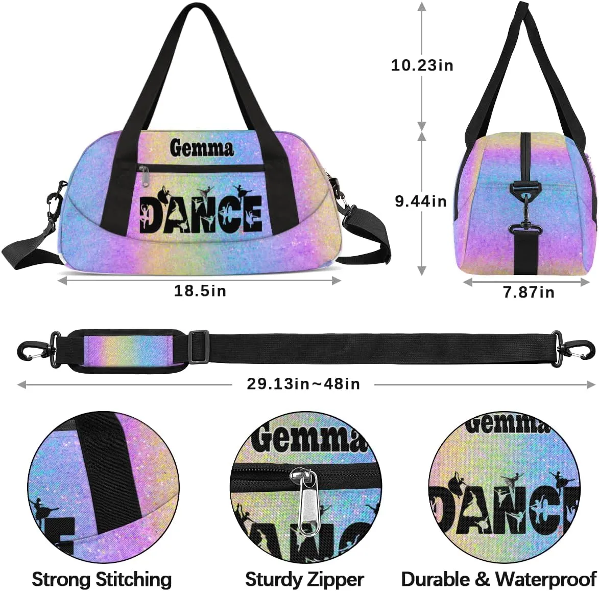 Custom Sports Dance Gym Bag, Personalized Dancing Ballet Bag Travel Overnight Small Duffel Bag Gymnastics Swimming Sleepover Overnight Sports Bag, Purple Blue Glitters Bling