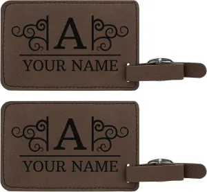 Custom Travel Gifts Custom Initial & Name Suitcase Carry On Luggage Tag Personalized Travelers Gifts 2-pack Laser Engraved Leatherette Luggage Tags Brown
