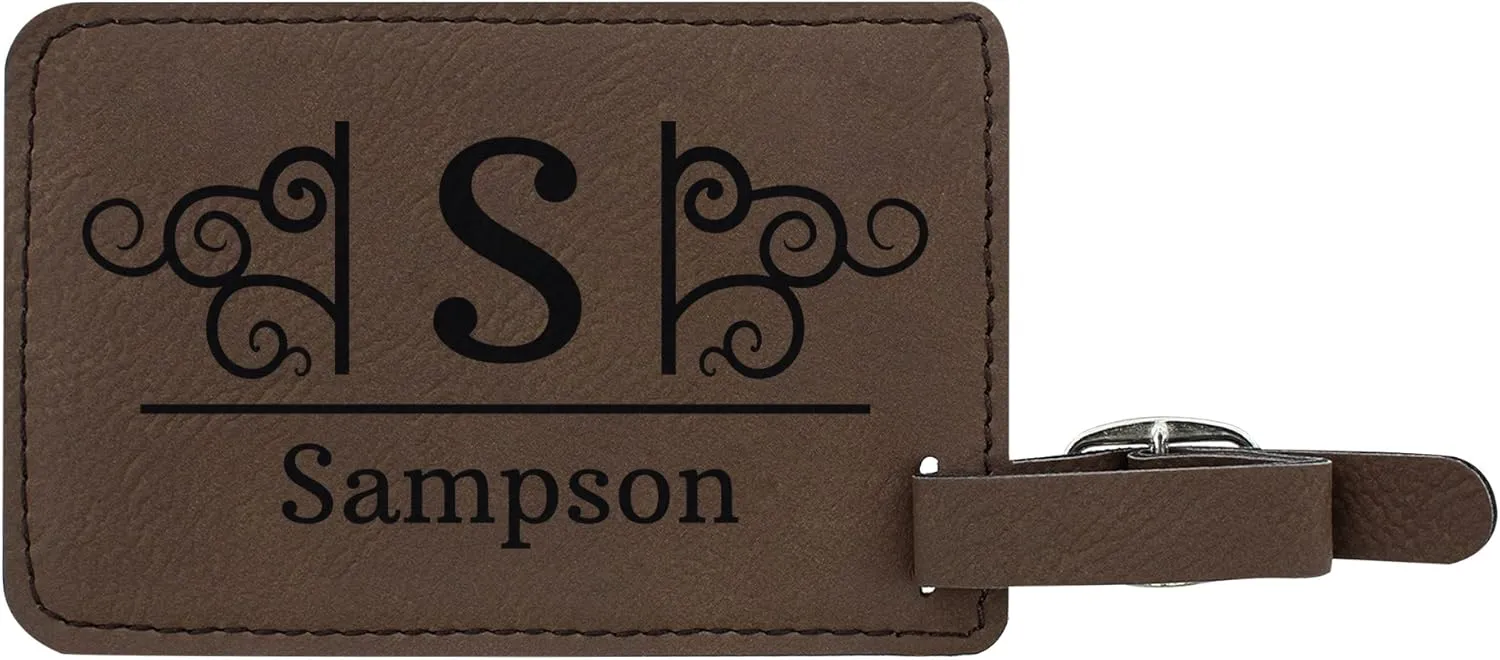Custom Travel Gifts Custom Initial & Name Suitcase Carry On Luggage Tag Personalized Travelers Gifts 2-pack Laser Engraved Leatherette Luggage Tags Brown