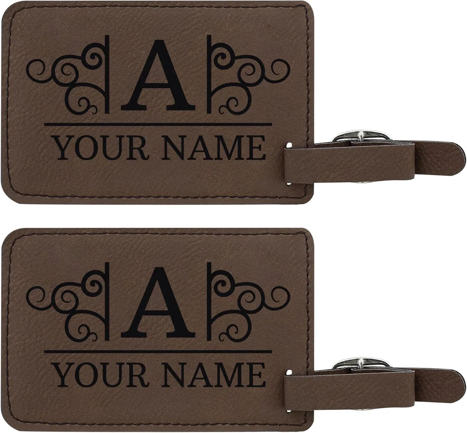 Custom Travel Gifts Custom Initial & Name Suitcase Carry On Luggage Tag Personalized Travelers Gifts 2-pack Laser Engraved Leatherette Luggage Tags Brown