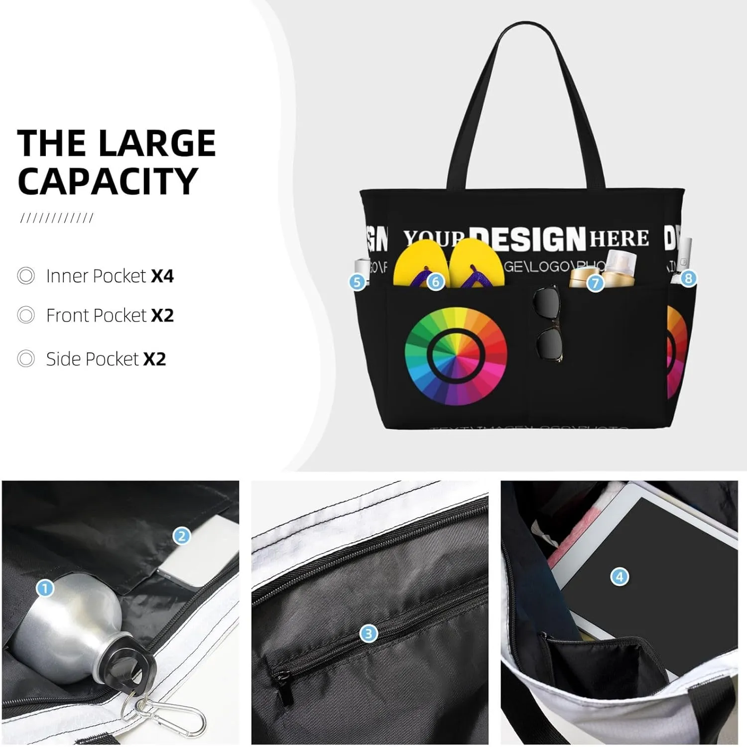Custom Waterproof Beach Bags for Women Personalized Tote Bag with Zipper Customized Pool Bags add Picture Name Text Logo