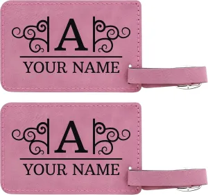 Customized Name and Initial Luggage Tag 2-pack Laser Engraved Leatherette Customized Luggage Tags Pink