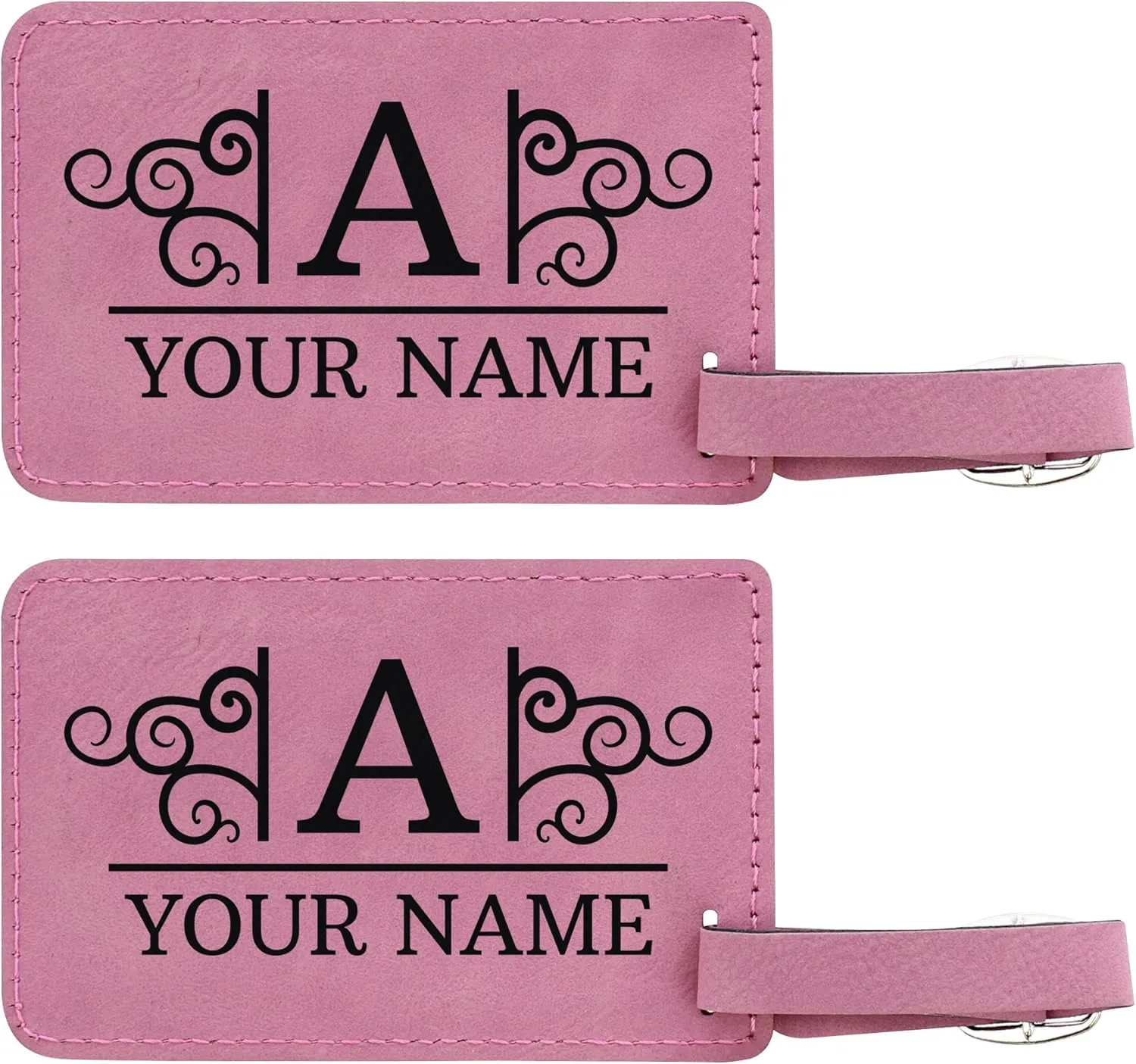 Customized Name and Initial Luggage Tag 2-pack Laser Engraved Leatherette Customized Luggage Tags Pink