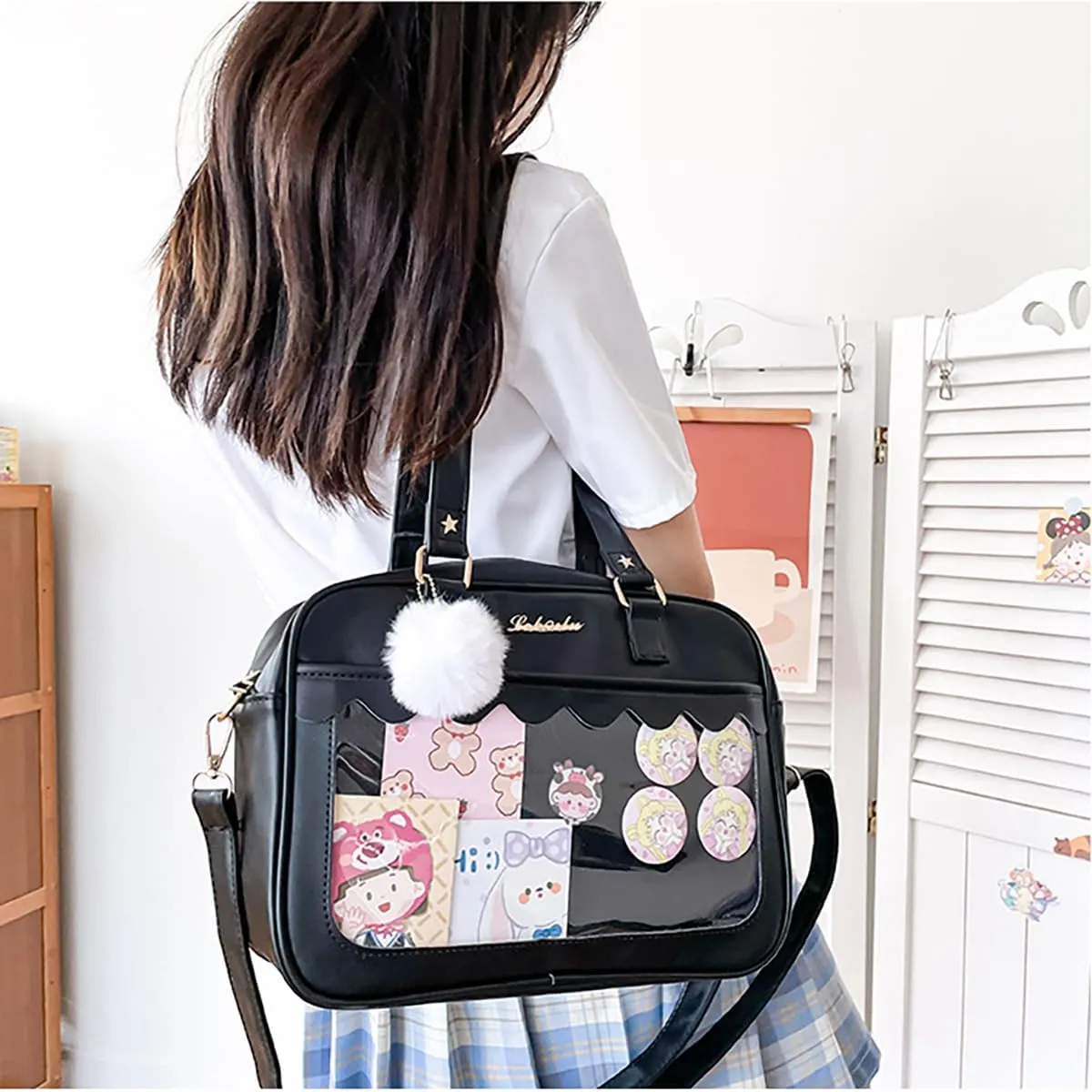 Cute Bag transparent Heart Messenger Japanese Bag Kawaii Large Anime Shoulder Handbags (Black)