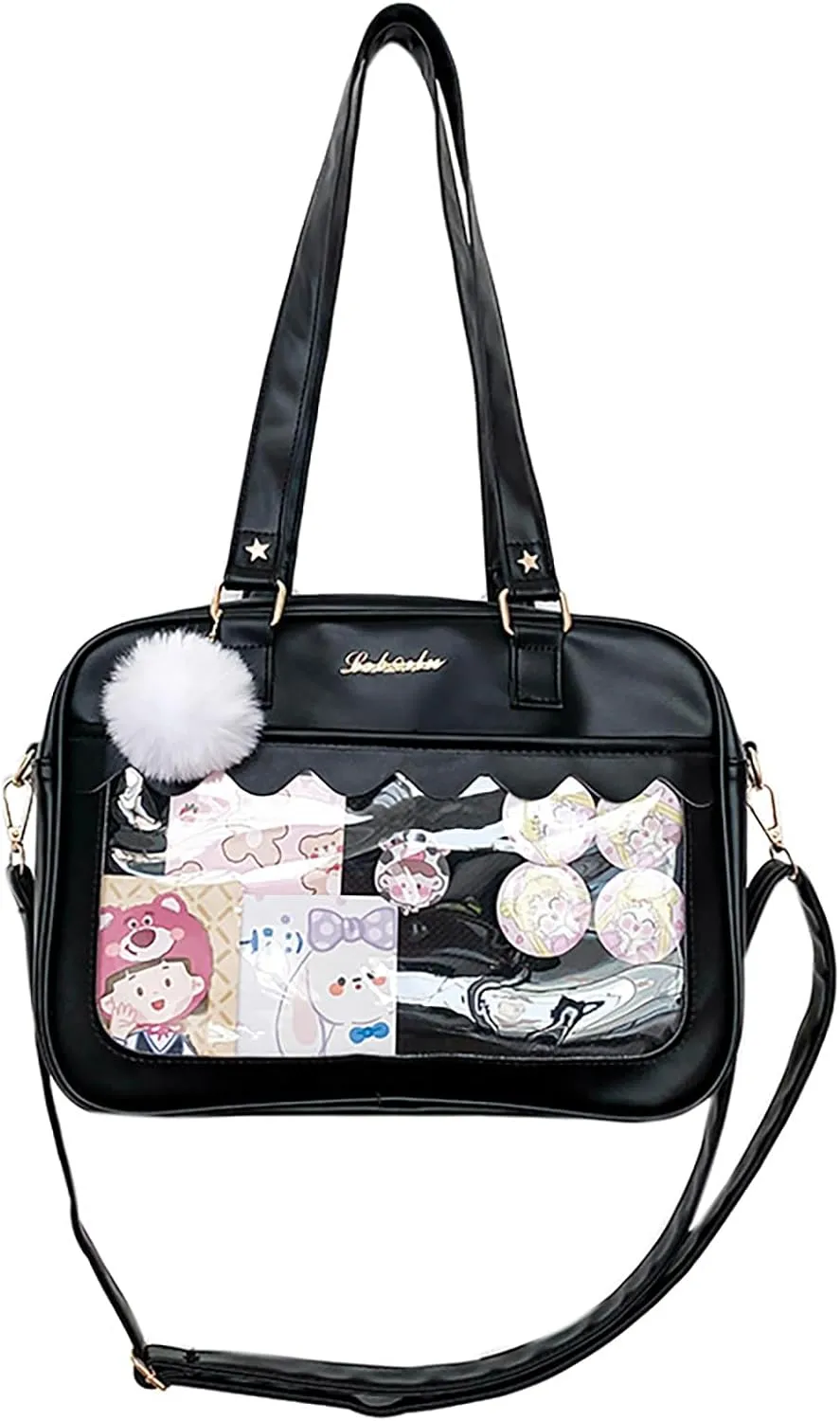 Cute Bag transparent Heart Messenger Japanese Bag Kawaii Large Anime Shoulder Handbags (Black)