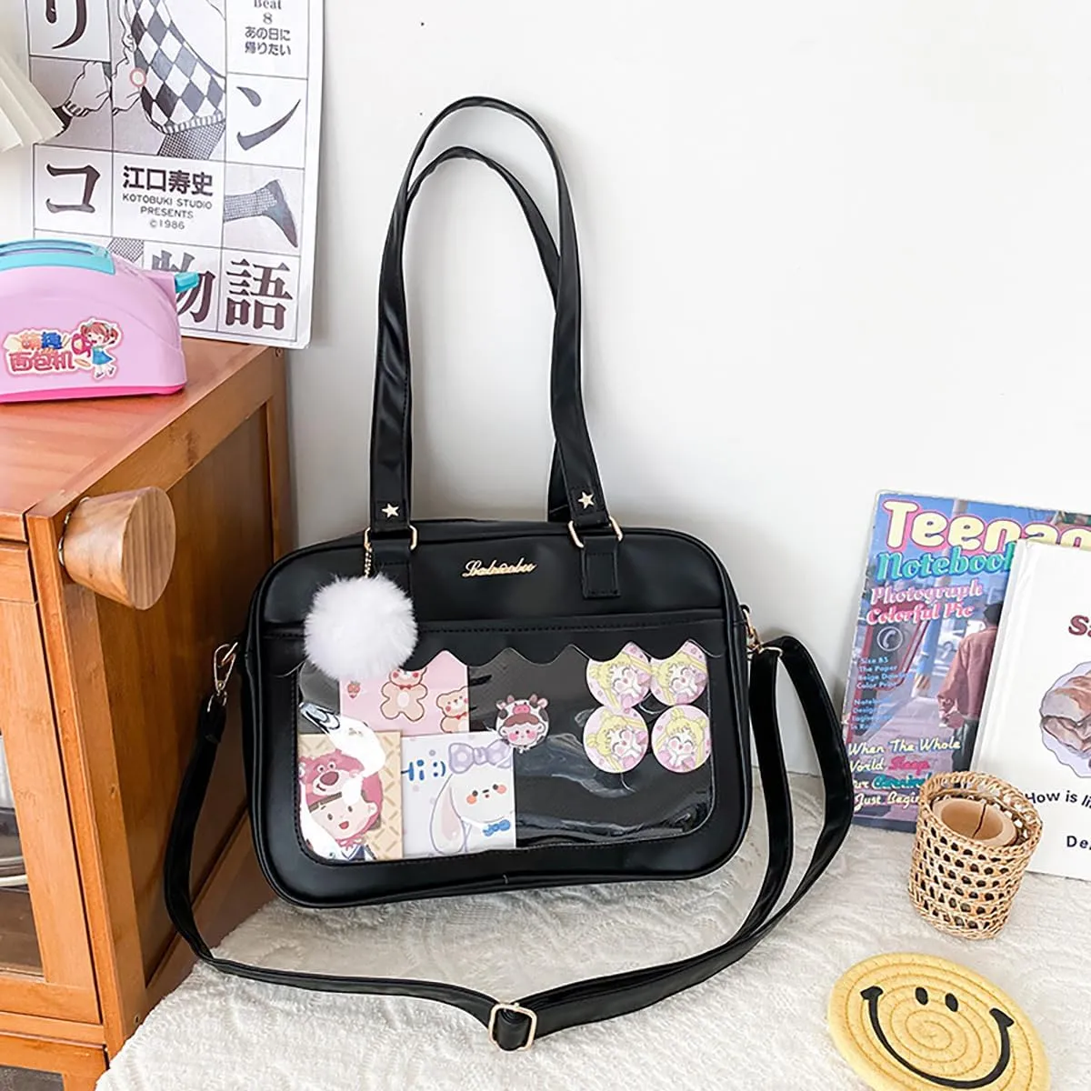 Cute Bag transparent Heart Messenger Japanese Bag Kawaii Large Anime Shoulder Handbags (Black)