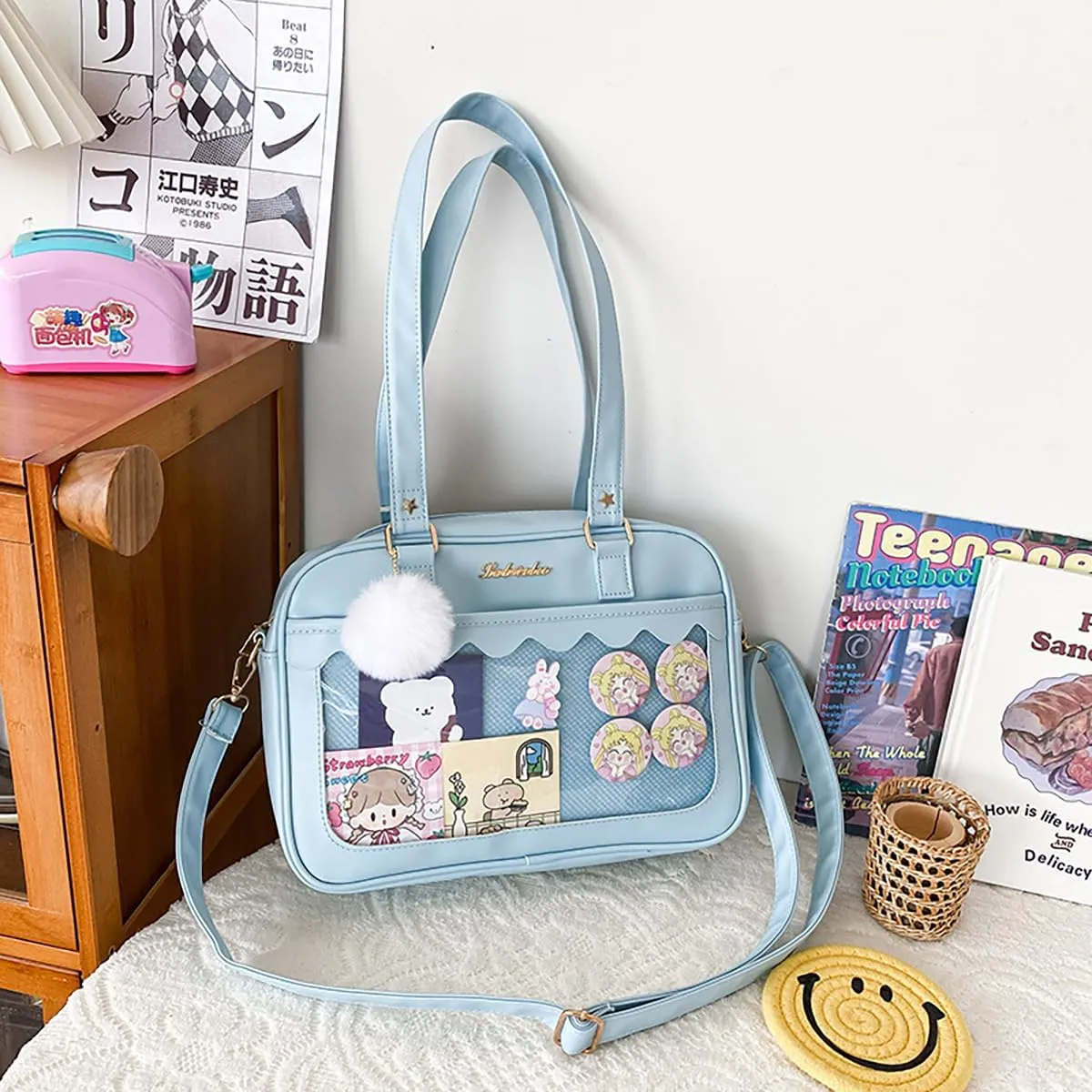 Cute Bag transparent Heart Messenger Japanese Bag Kawaii Large Anime Shoulder Handbags (Blue)