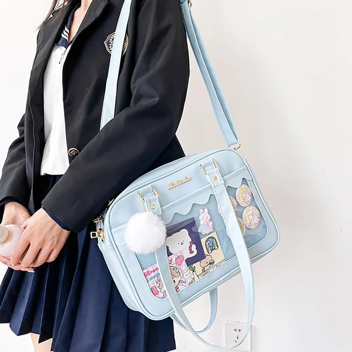 Cute Bag transparent Heart Messenger Japanese Bag Kawaii Large Anime Shoulder Handbags (Blue)