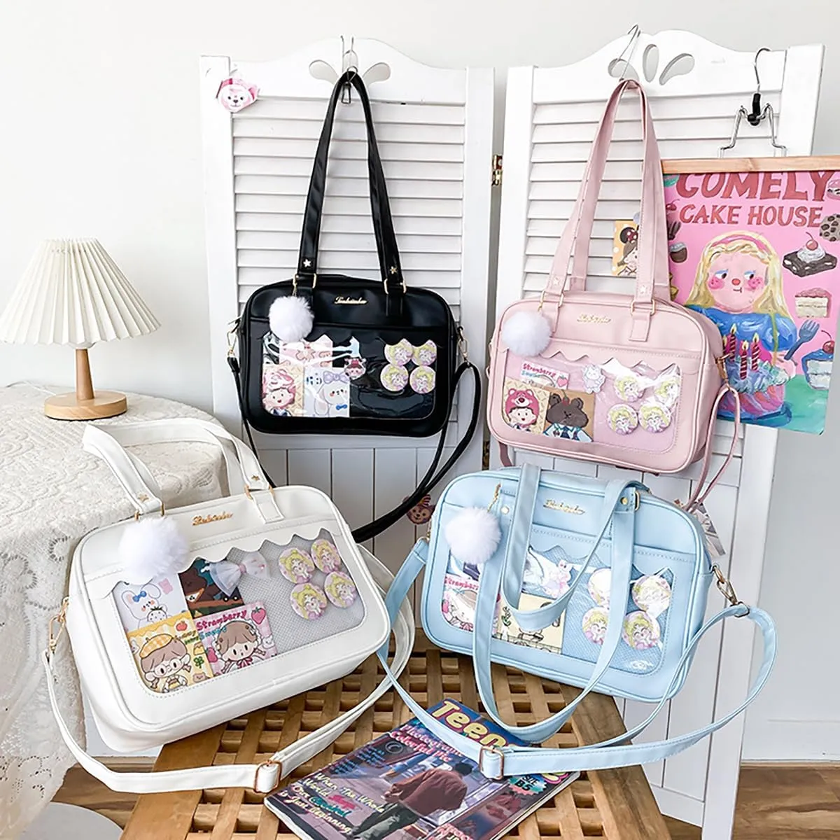 Cute Bag transparent Heart Messenger Japanese Bag Kawaii Large Anime Shoulder Handbags (Blue)