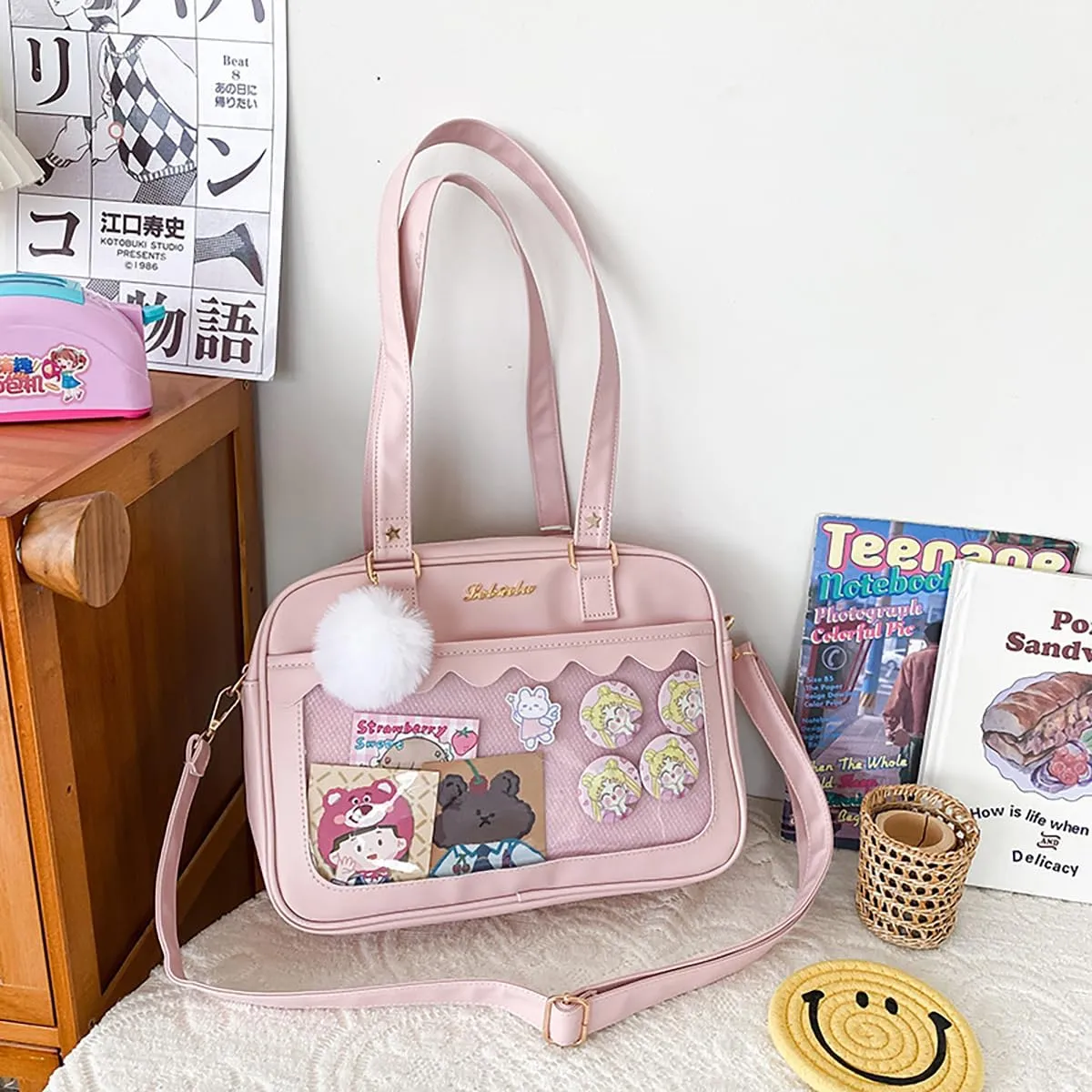 Cute Bag transparent Heart Messenger Japanese Bag Kawaii Large Anime Shoulder Handbags (Pink)