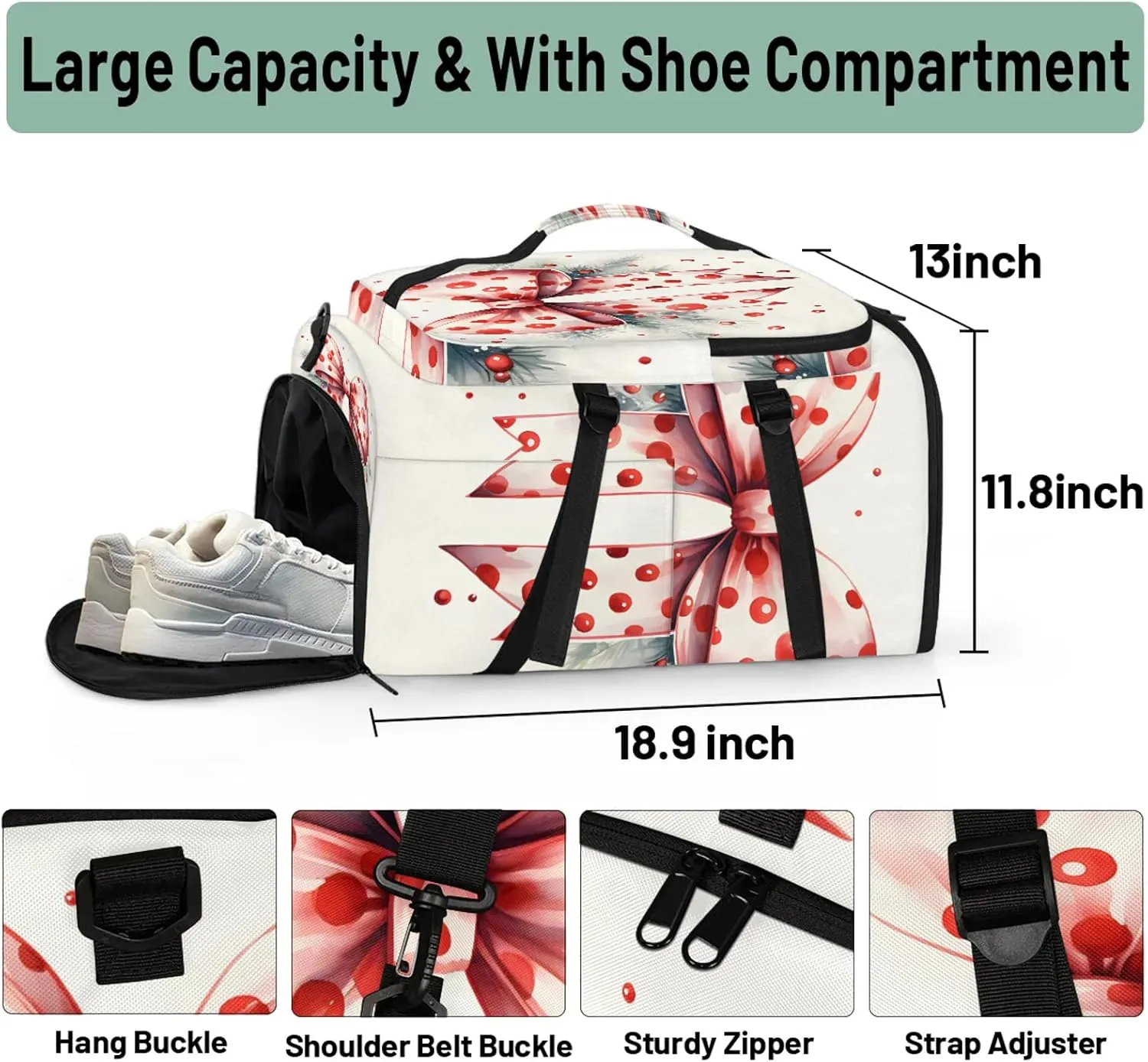 Cute Bow Tie Polka Dot Gym Bags for Men Women Sports Backpack with Shoe Compartment 3-in-1 Tactical Duffle Bag for Overnight Weekender Travel
