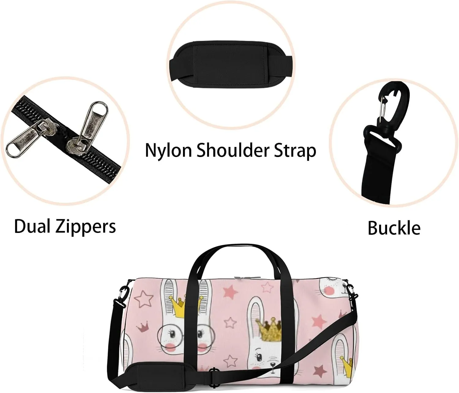 Cute Cartoon Kawaii Animals Rabbit Baby Girl Princess Sports Bag Tote Bag Waterproof Gym Bag with Shoulder Strap Zipper 2 Side Pockets for Men and Women, Travel and Storage Shoulder Bag.