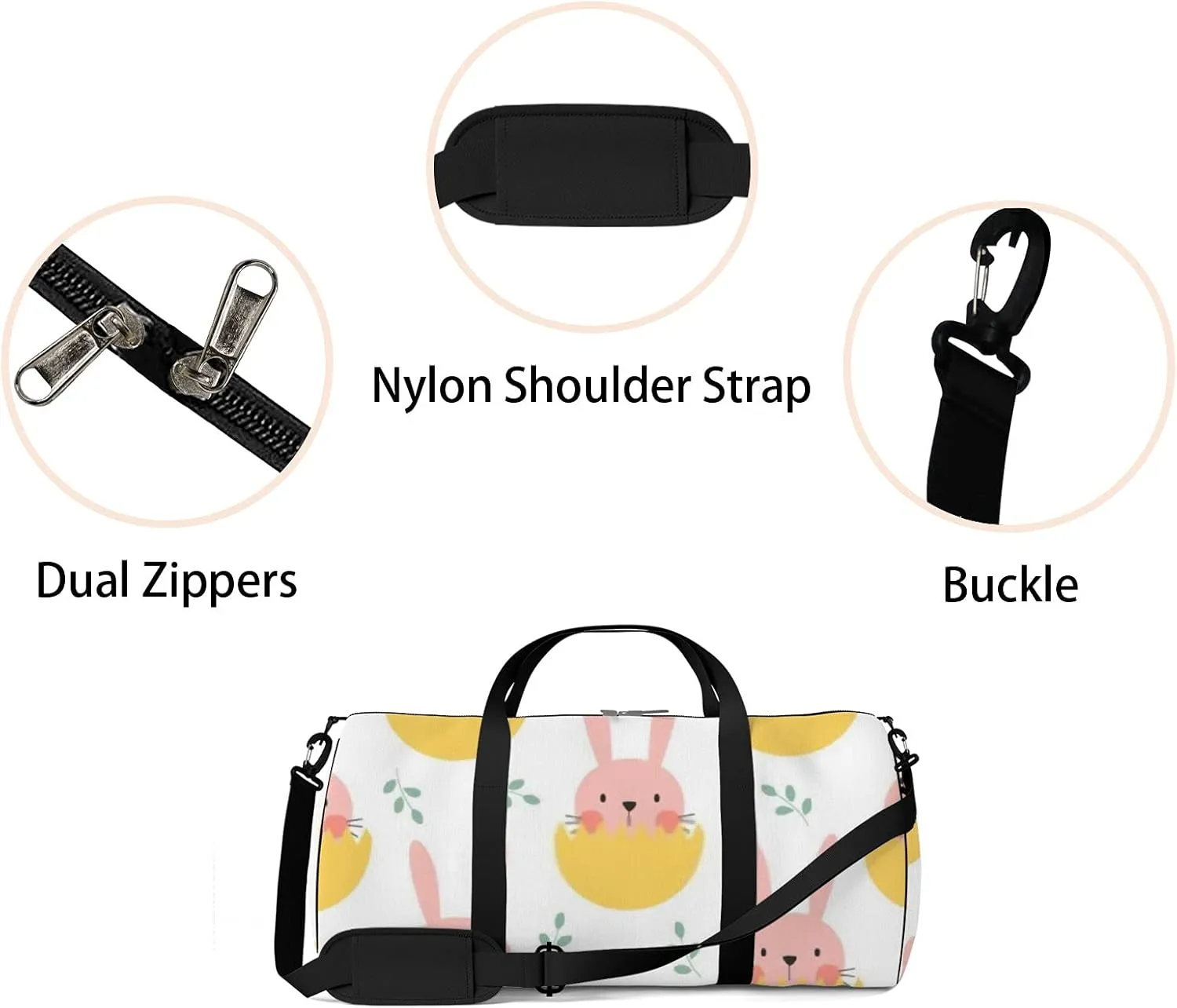 Cute Cartoon Kawaii Animals Rabbit in Egg Shell Sports Bag Tote Bag Waterproof Gym Bag with Shoulder Strap Zipper 2 Side Pockets for Men and Women, Travel and Storage Shoulder Bag.