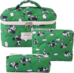 Cute Cotton Makeup Bags Set, 3 PCS Quilted Makeup Bag,Bag Makeup Bag Organizer for Women Girls,Green Dog Makeup Bag Quilted Cosmetic Bag,For Mom Daughter Friend Gift(green)