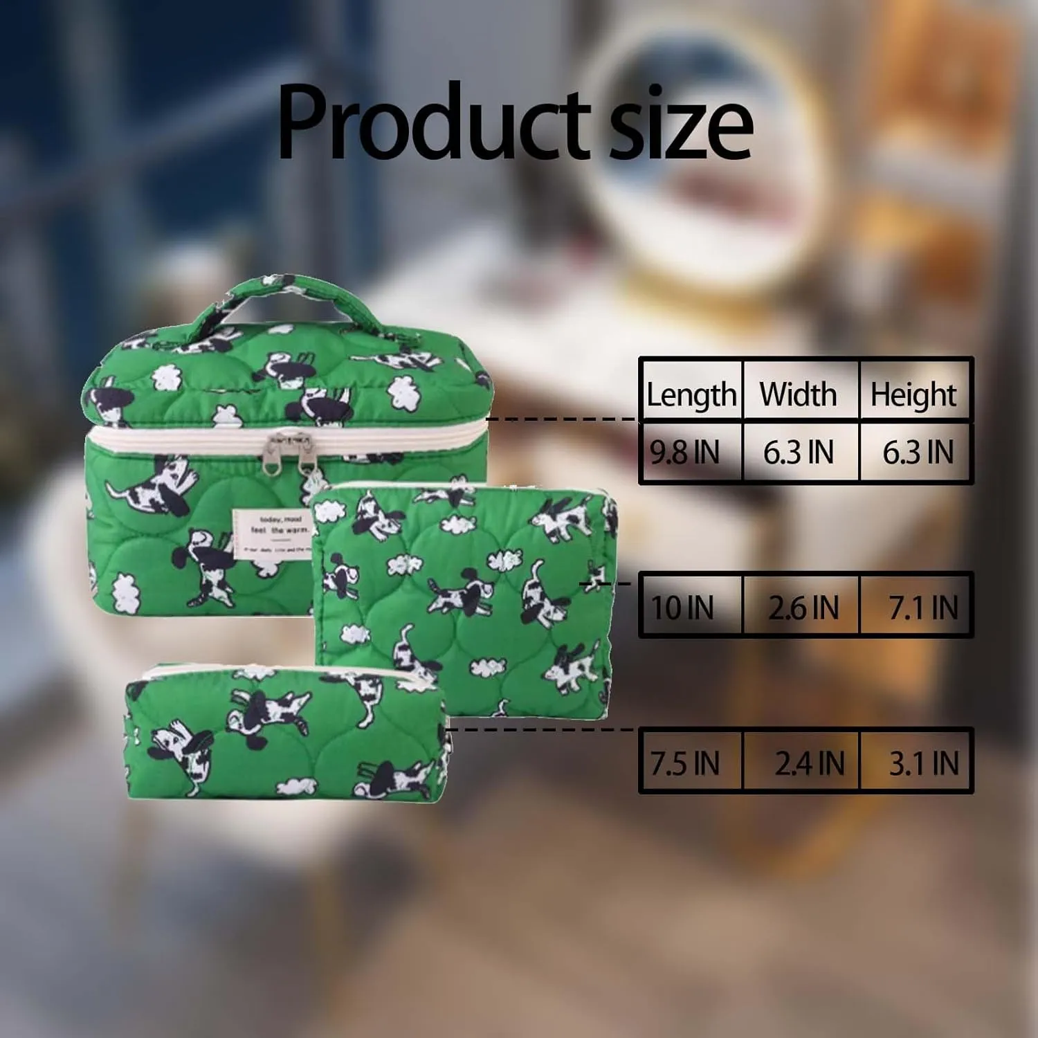 Cute Cotton Makeup Bags Set, 3 PCS Quilted Makeup Bag,Bag Makeup Bag Organizer for Women Girls,Green Dog Makeup Bag Quilted Cosmetic Bag,For Mom Daughter Friend Gift(green)