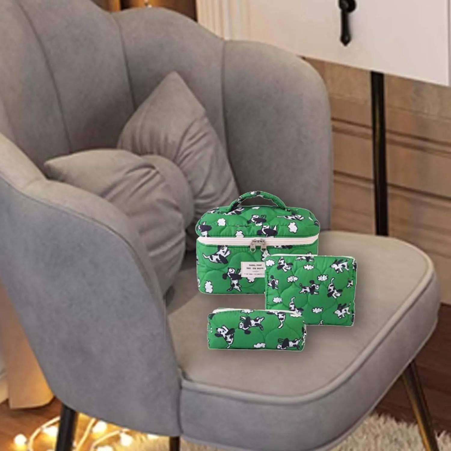Cute Cotton Makeup Bags Set, 3 PCS Quilted Makeup Bag,Bag Makeup Bag Organizer for Women Girls,Green Dog Makeup Bag Quilted Cosmetic Bag,For Mom Daughter Friend Gift(green)