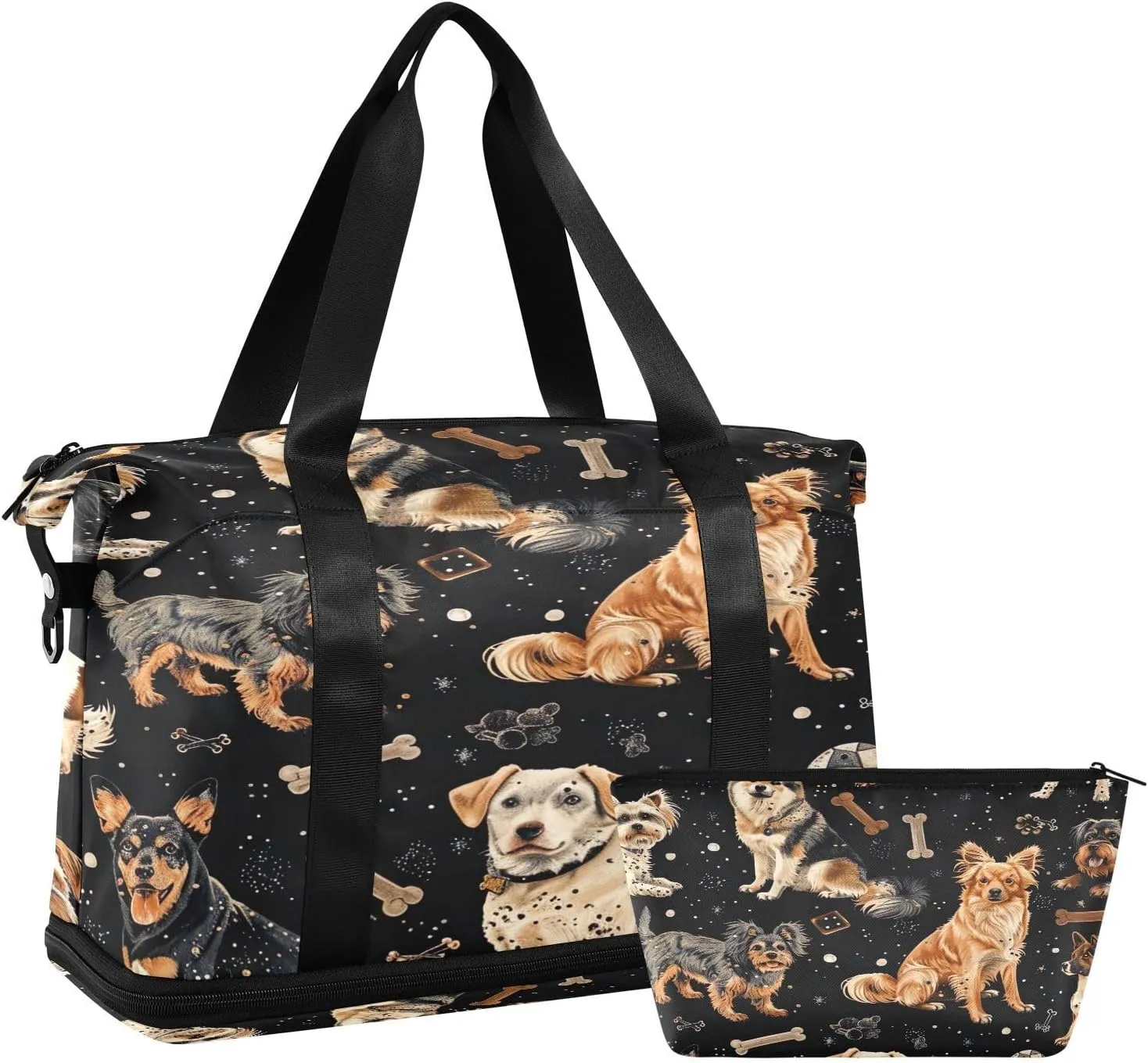 Cute Dogs Gym Bag for Women Sport Travel Duffel Bag Shoulder Weekender Overnight Bags with Wet Pocket & Shoe Compartment