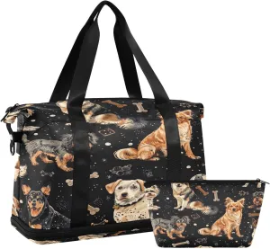 Cute Dogs Gym Bag for Women Sport Travel Duffel Bag Shoulder Weekender Overnight Bags with Wet Pocket & Shoe Compartment
