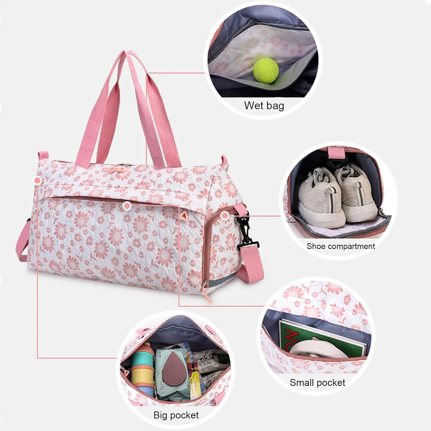 Cute Floral Duffle Bag for Travel,Gym Bag for for Girl/Women,Waterproof Overnight Bag Dance Bag with Shoes Compartment & Wet Pocket,Flower Sports Duffel Bag Weekender Bags(Yellow)