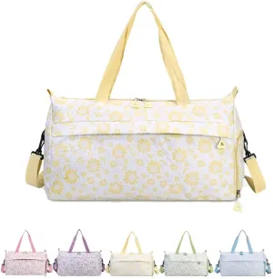 Cute Floral Duffle Bag for Travel,Gym Bag for for Girl/Women,Waterproof Overnight Bag Dance Bag with Shoes Compartment & Wet Pocket,Flower Sports Duffel Bag Weekender Bags(Yellow)