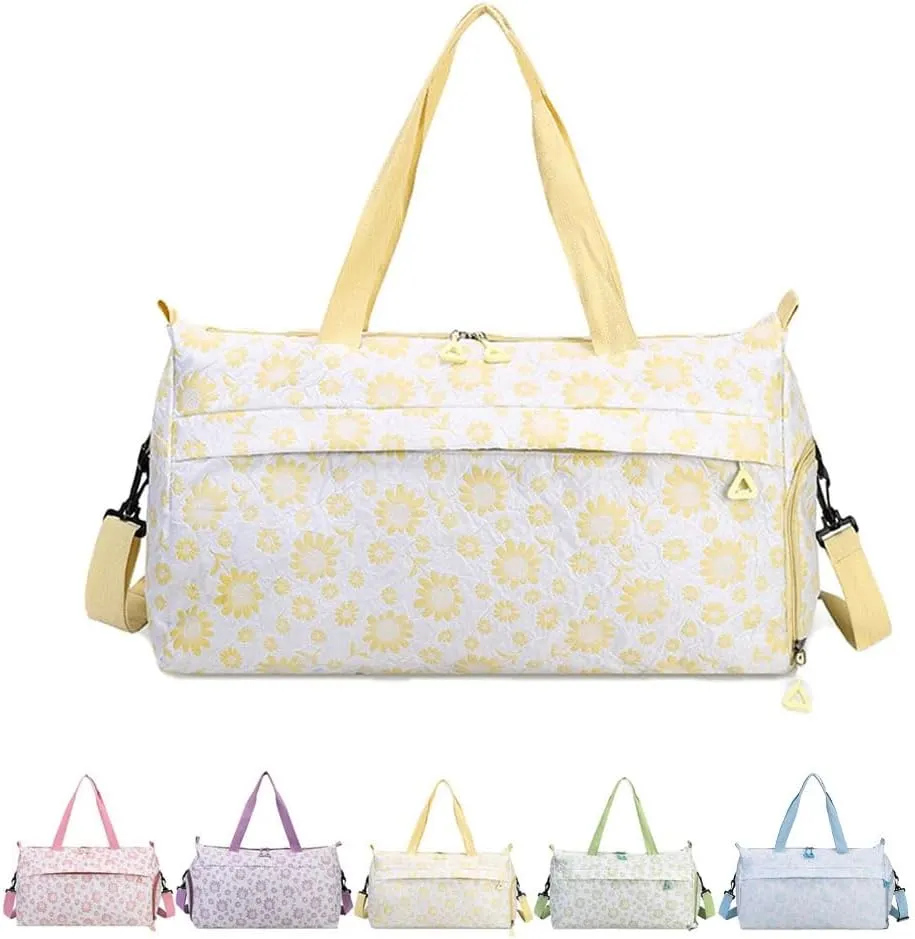 Cute Floral Duffle Bag for Travel,Gym Bag for for Girl/Women,Waterproof Overnight Bag Dance Bag with Shoes Compartment & Wet Pocket,Flower Sports Duffel Bag Weekender Bags(Yellow)