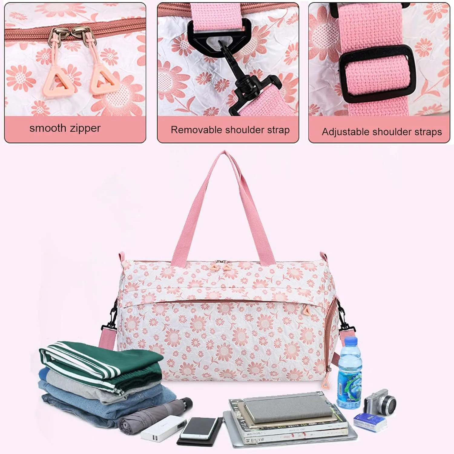 Cute Floral Duffle Bag for Travel,Gym Bag for for Girl/Women,Waterproof Overnight Bag Dance Bag with Shoes Compartment & Wet Pocket,Flower Sports Duffel Bag Weekender Bags(Yellow)