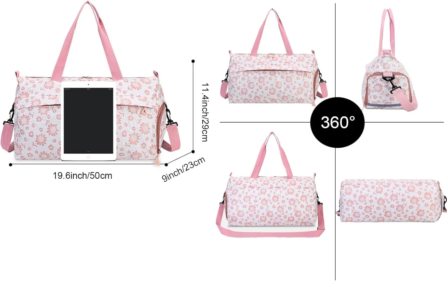 Cute Floral Duffle Bag for Travel,Gym Bag for for Girl/Women,Waterproof Overnight Bag Dance Bag with Shoes Compartment & Wet Pocket,Flower Sports Duffel Bag Weekender Bags(Yellow)