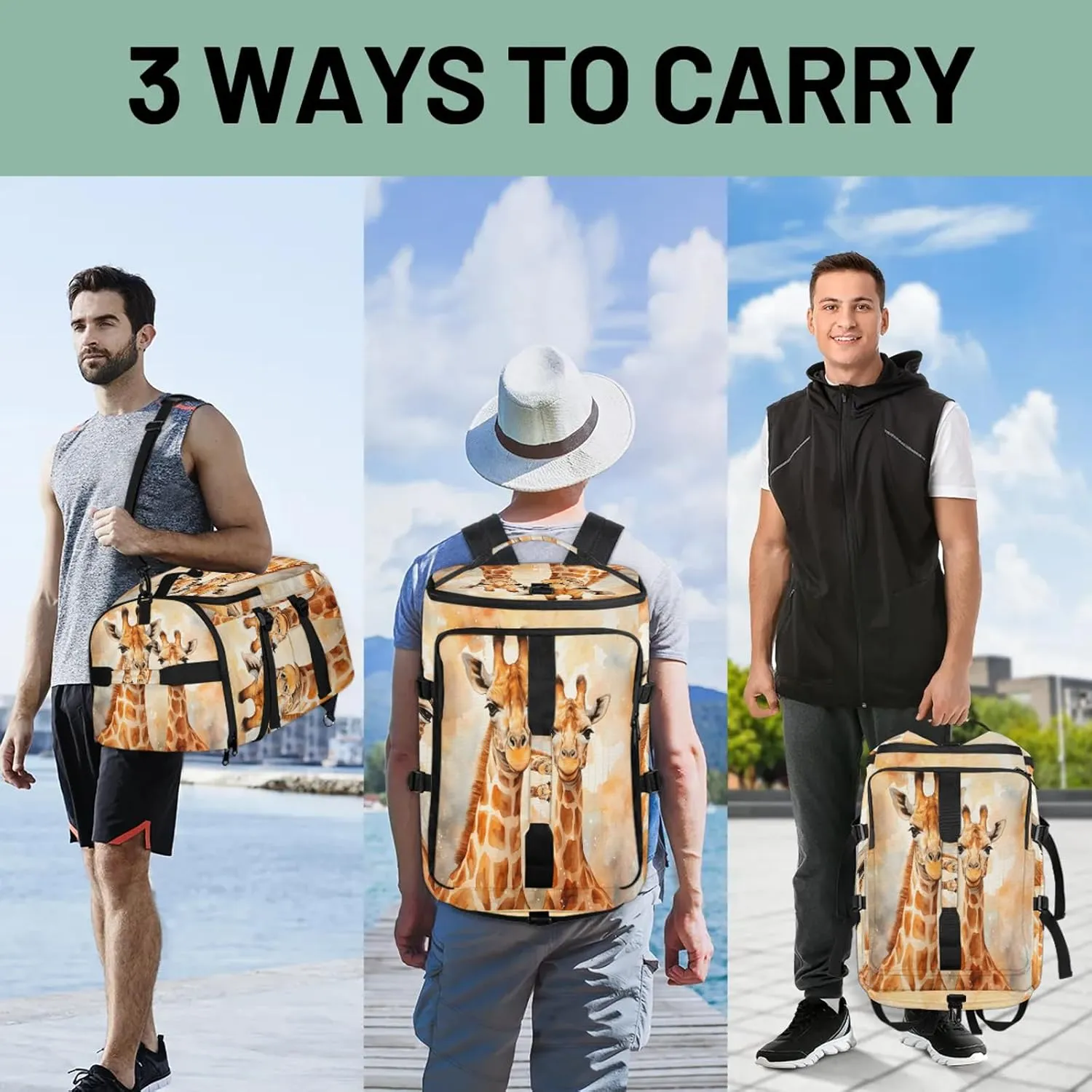 Cute Giraffe Print Gym Duffle Bag Backpack Waterproof Sports Bags with Shoe Compartment 48L Carry On Overnight Weekender Travel Luggage