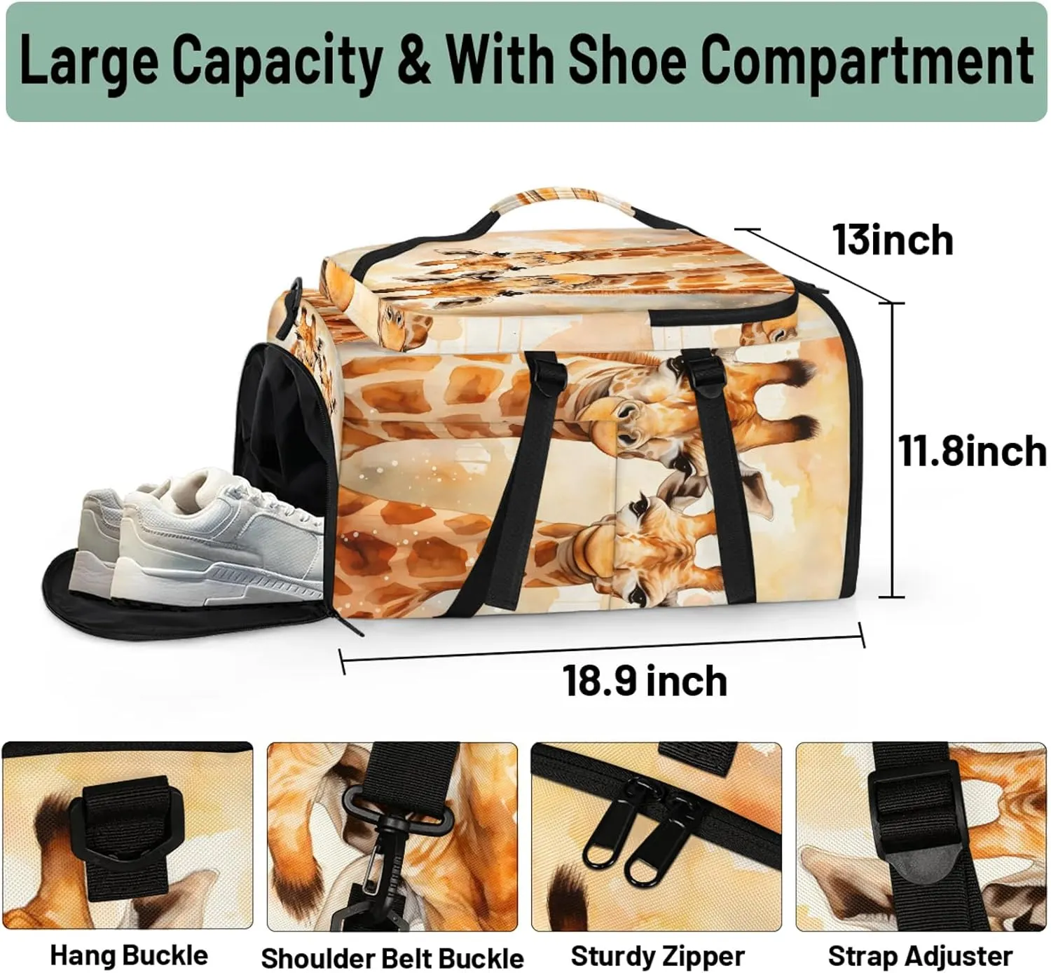 Cute Giraffe Print Gym Duffle Bag Backpack Waterproof Sports Bags with Shoe Compartment 48L Carry On Overnight Weekender Travel Luggage
