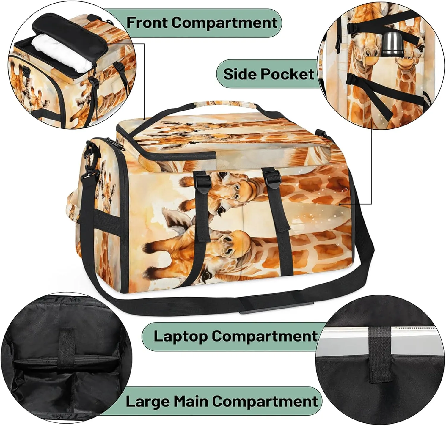 Cute Giraffe Print Gym Duffle Bag Backpack Waterproof Sports Bags with Shoe Compartment 48L Carry On Overnight Weekender Travel Luggage