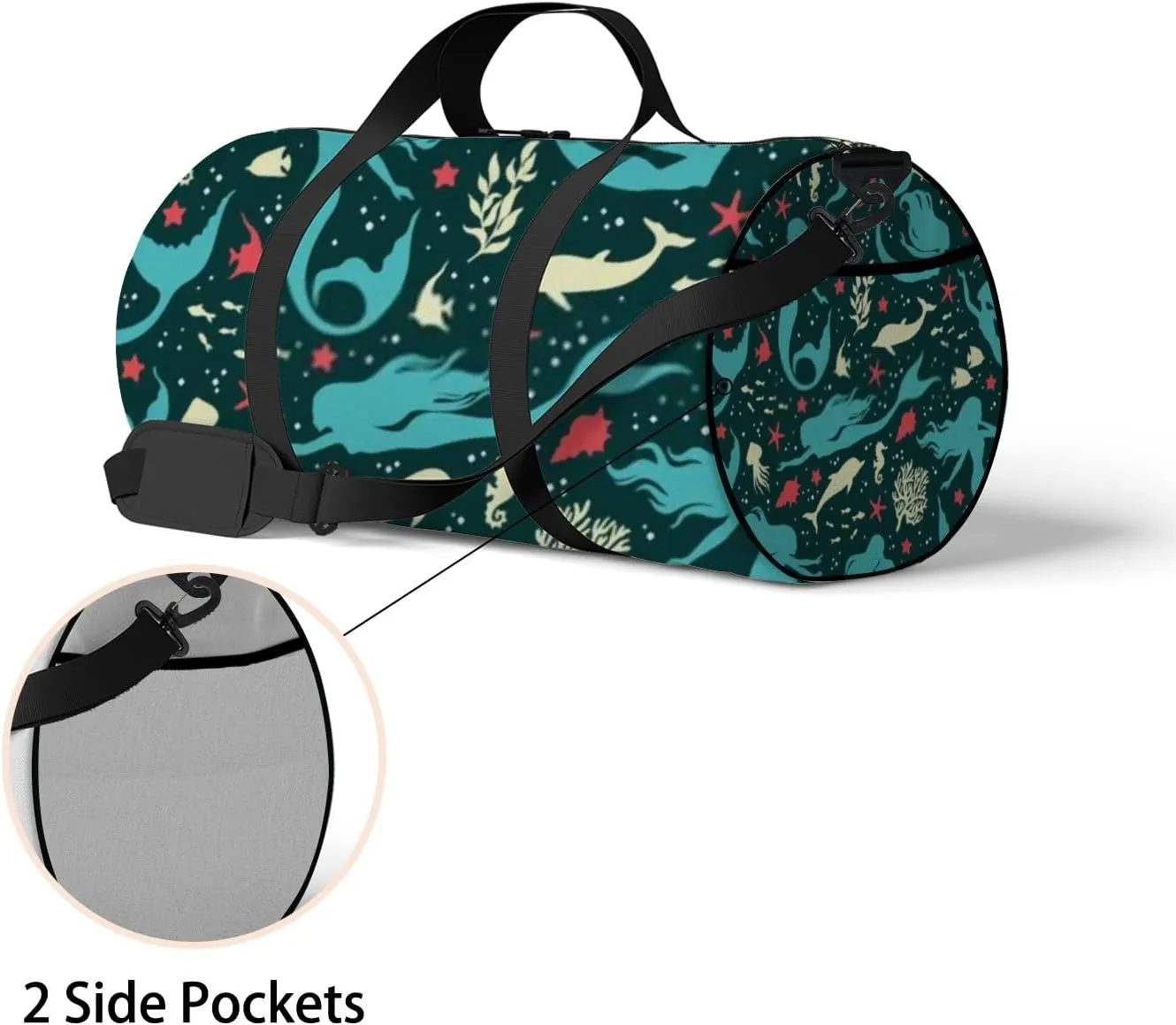 Cute Green Mermaids Seashells Fihes Dolfins Seaweeds Sports Bag Tote Bag Waterproof Gym Bag with Shoulder Strap Zipper 2 Side Pockets for Men and Women, Travel and Storage Shoulder Bag.