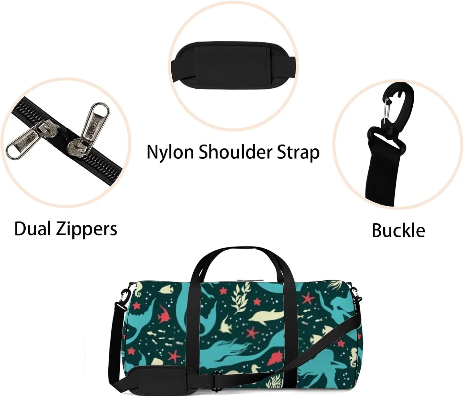 Cute Green Mermaids Seashells Fihes Dolfins Seaweeds Sports Bag Tote Bag Waterproof Gym Bag with Shoulder Strap Zipper 2 Side Pockets for Men and Women, Travel and Storage Shoulder Bag.