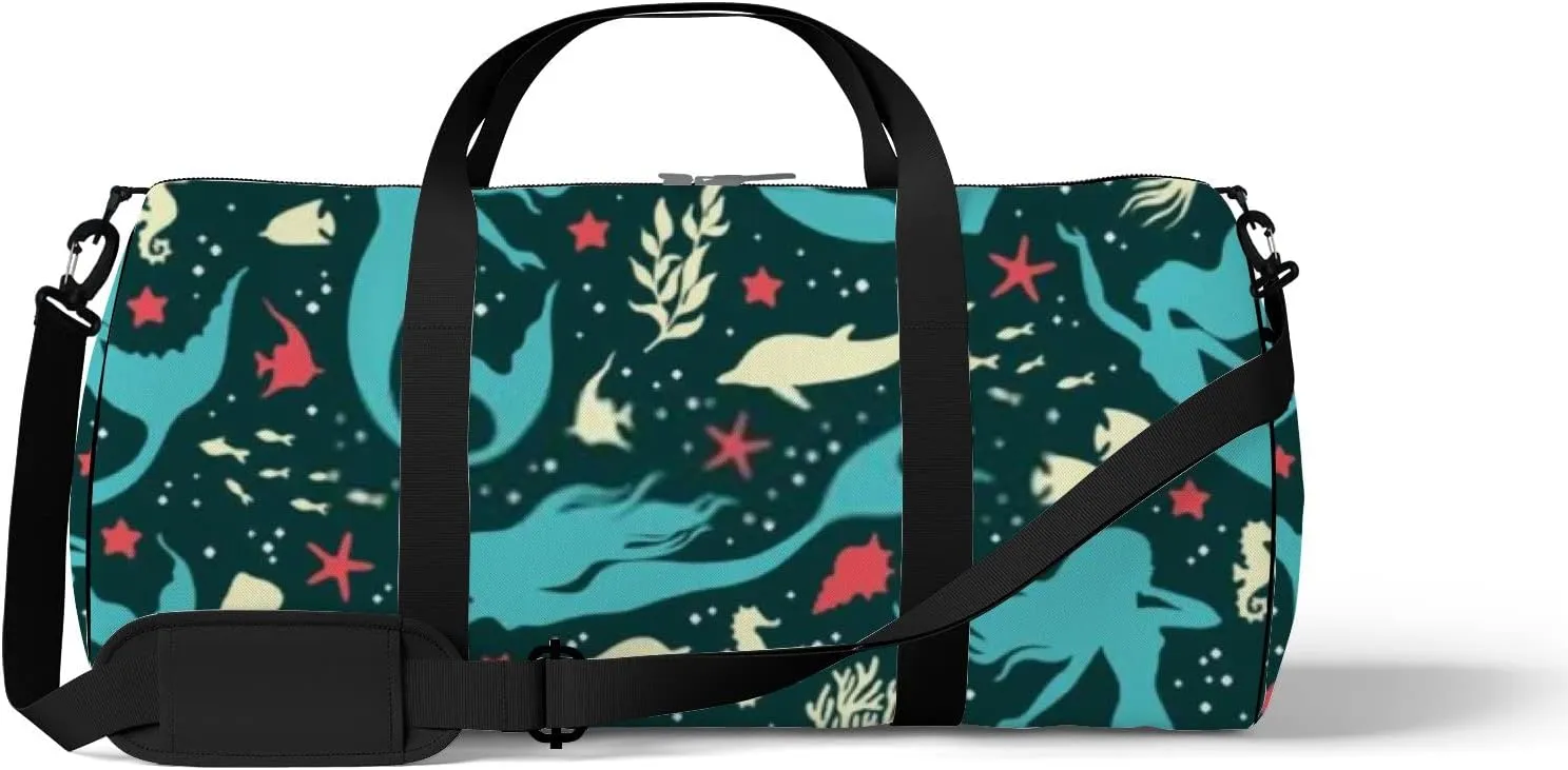 Cute Green Mermaids Seashells Fihes Dolfins Seaweeds Sports Bag Tote Bag Waterproof Gym Bag with Shoulder Strap Zipper 2 Side Pockets for Men and Women, Travel and Storage Shoulder Bag.