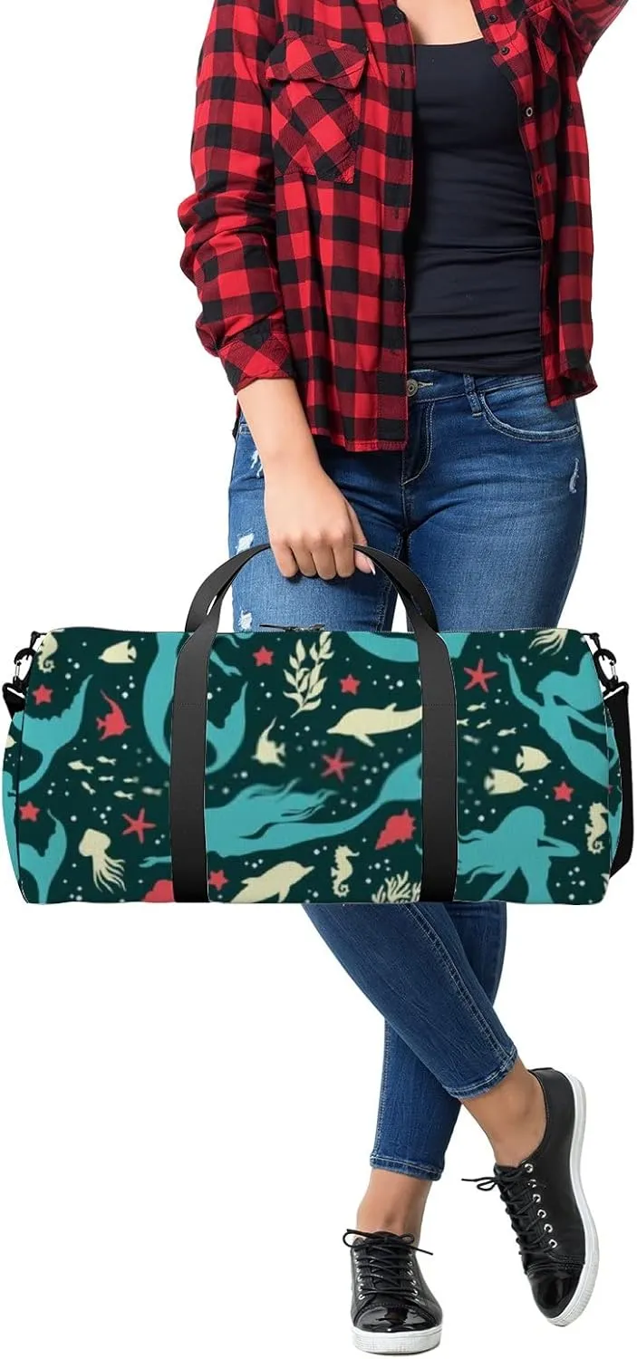 Cute Green Mermaids Seashells Fihes Dolfins Seaweeds Sports Bag Tote Bag Waterproof Gym Bag with Shoulder Strap Zipper 2 Side Pockets for Men and Women, Travel and Storage Shoulder Bag.
