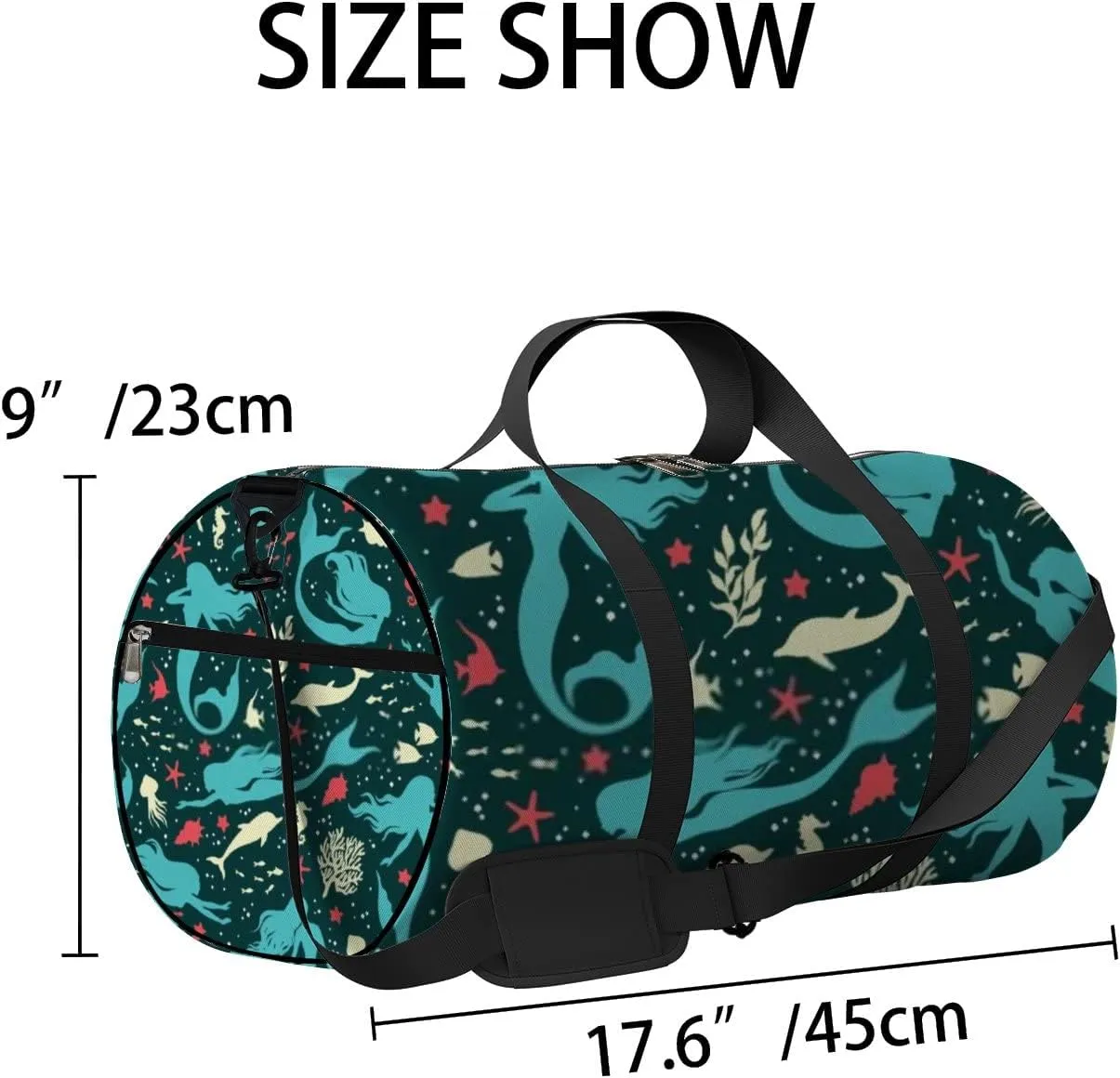 Cute Green Mermaids Seashells Fihes Dolfins Seaweeds Sports Bag Tote Bag Waterproof Gym Bag with Shoulder Strap Zipper 2 Side Pockets for Men and Women, Travel and Storage Shoulder Bag.