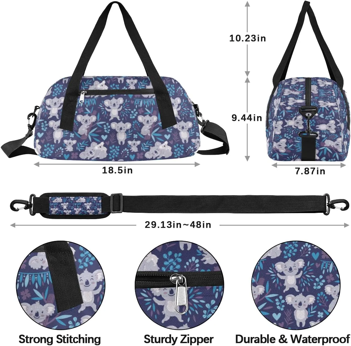 Cute Koala Animal Kids Duffle Bag Girls Dance Bag Lightweight Water Resistant Foldable Sports Gym Bag Weekender Overnight Sleepover Carry On Travel Bag for Boys Girls