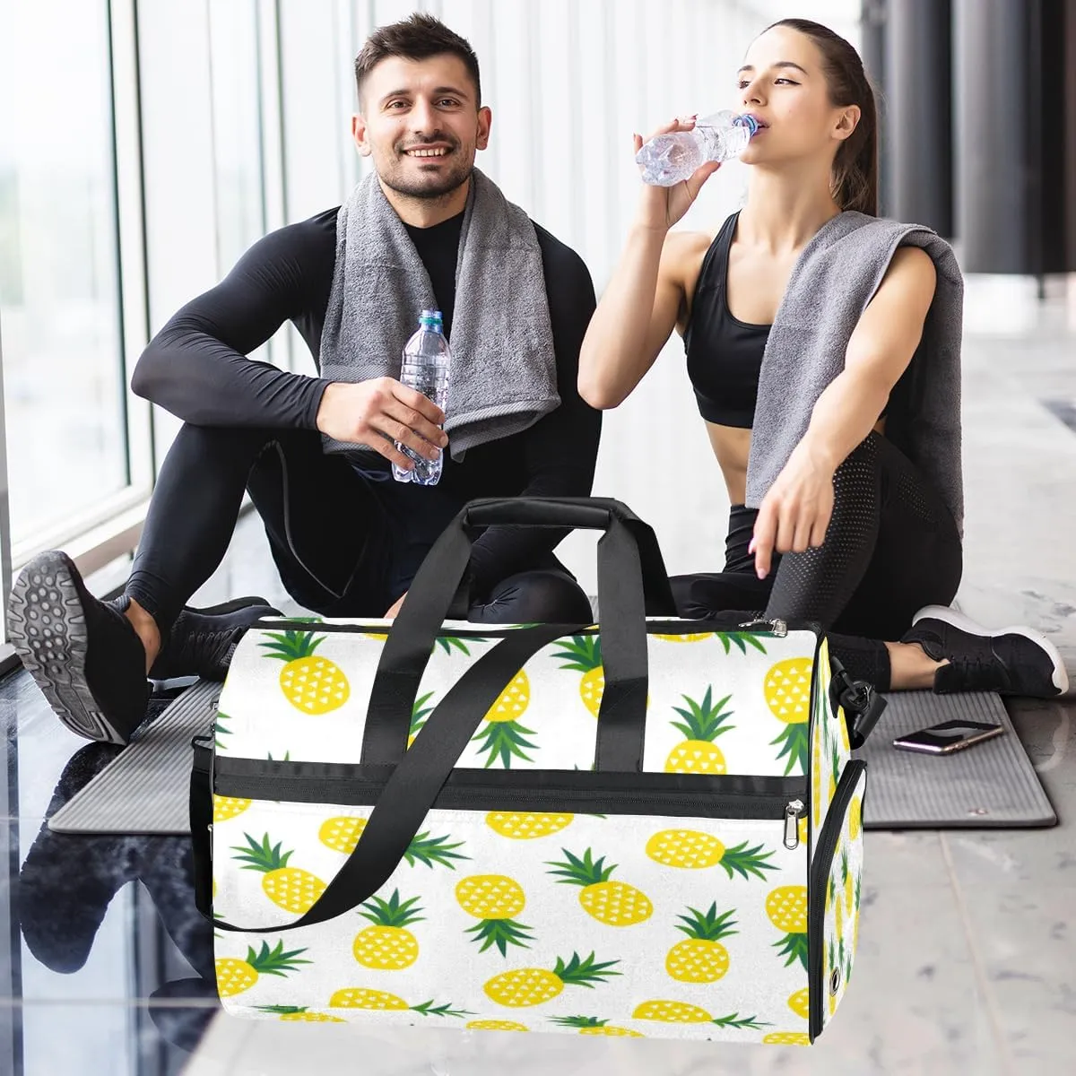 Cute Pineapples Sports Gym Bag for Women Men Travel Duffel Bag with Wet Pocket & Shoes Compartment Waterproof Weekender Overnight Tote Carry on Bag Lightweight