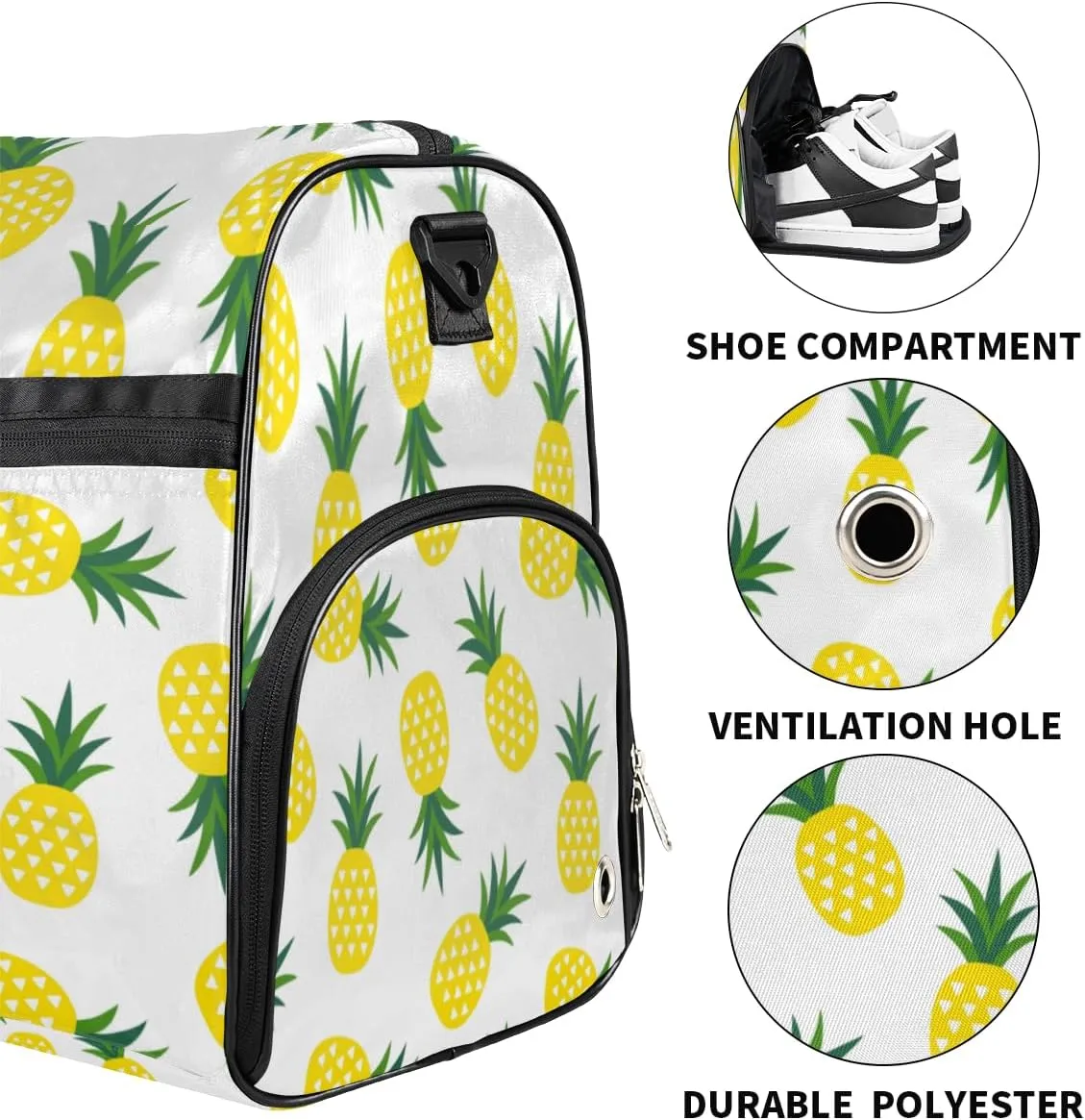 Cute Pineapples Sports Gym Bag for Women Men Travel Duffel Bag with Wet Pocket & Shoes Compartment Waterproof Weekender Overnight Tote Carry on Bag Lightweight