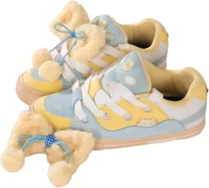 Cute Sneakers with Fluff Bow Accessories Bowtie Yellow Casual Detachable 3D Plush Accent Non-Slip Memory Foam