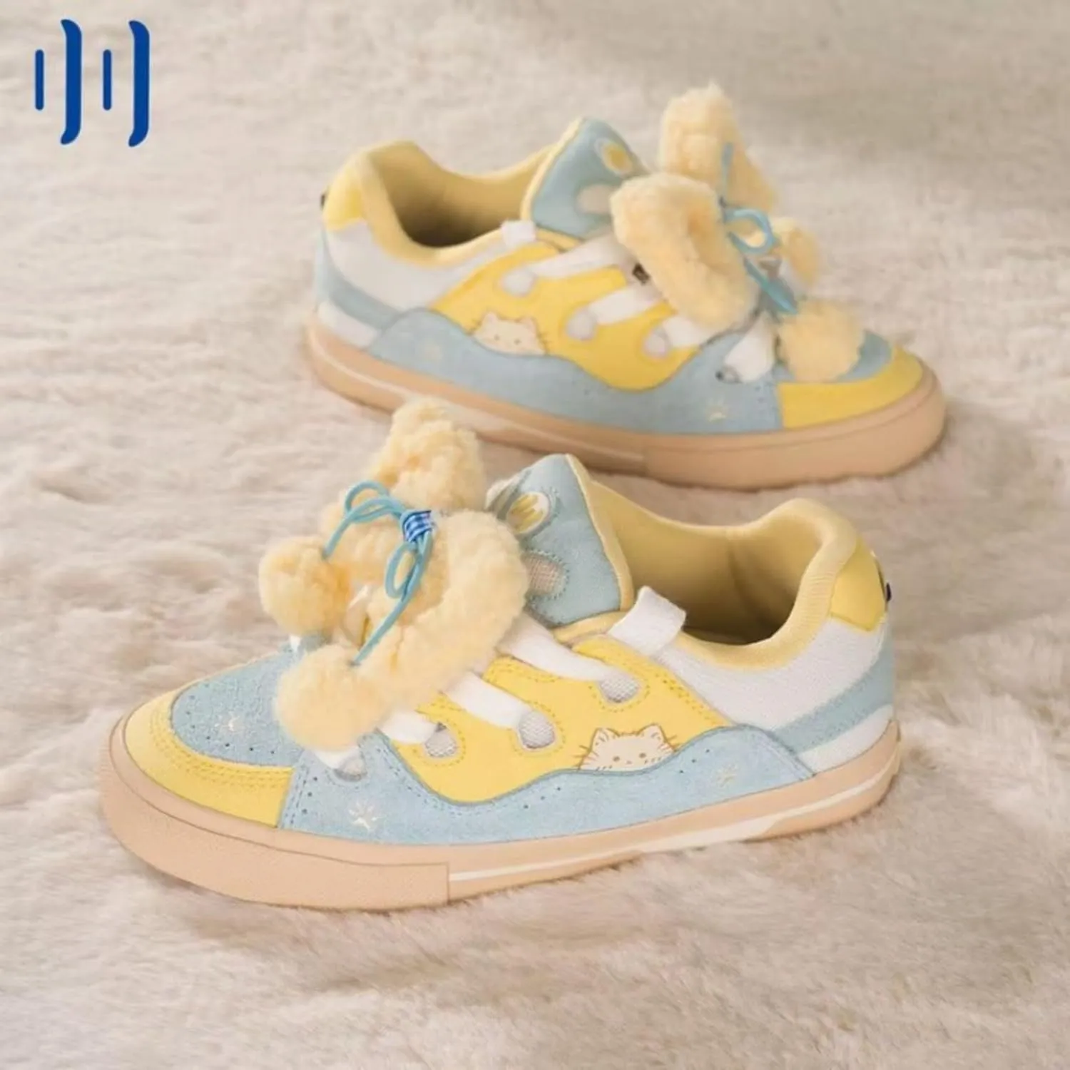 Cute Sneakers with Fluff Bow Accessories Bowtie Yellow Casual Detachable 3D Plush Accent Non-Slip Memory Foam