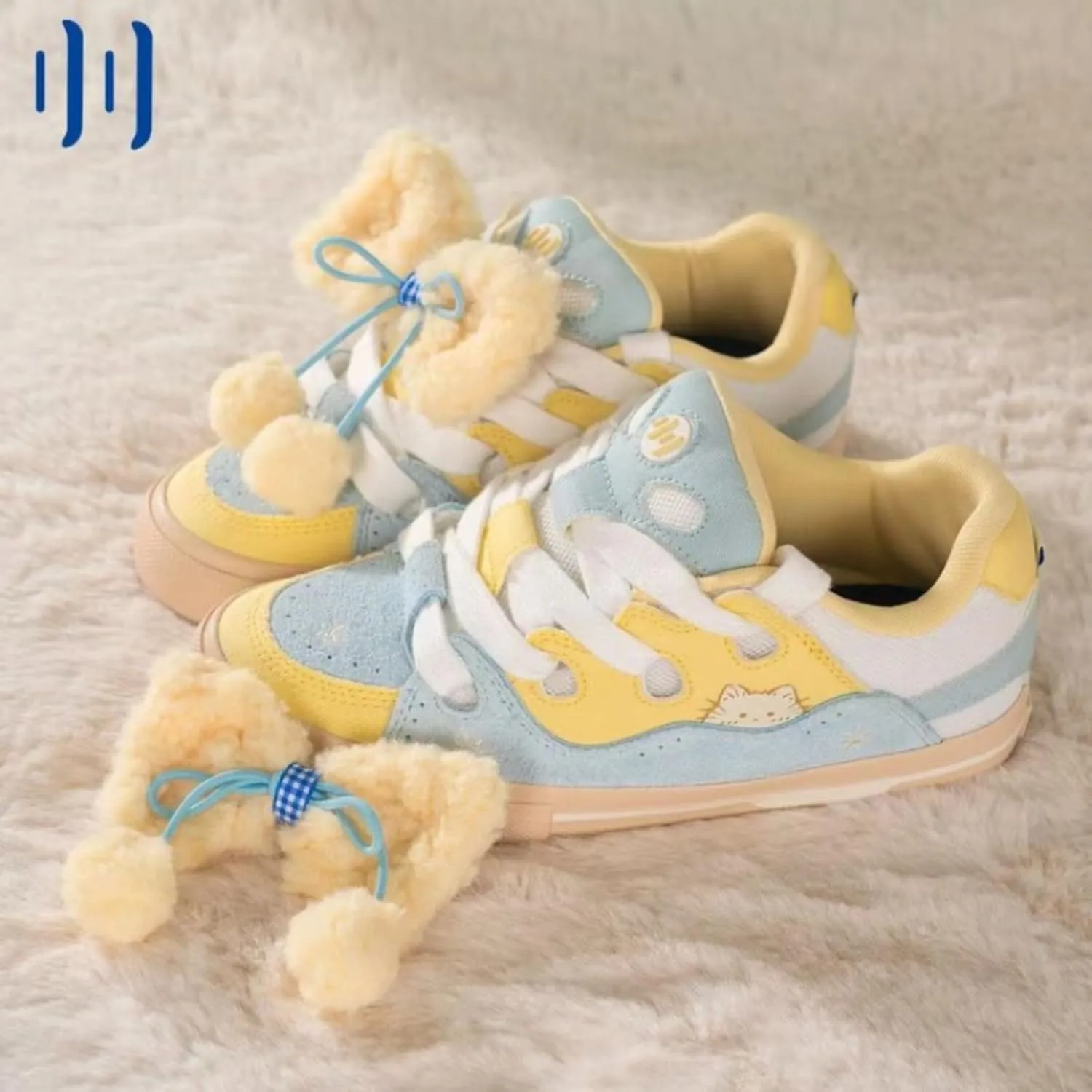 Cute Sneakers with Fluff Bow Accessories Bowtie Yellow Casual Detachable 3D Plush Accent Non-Slip Memory Foam