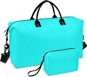 Cyan Aqua Solid Color Pure Plain Travel Bag Shoulder Weekender Overnight Bag Gym Duffel Bag with Toiletry Bag for Airplane Traveling Waterproof