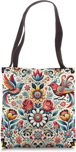Daisies Roses Birds Florals Polish Folk Art Tote Bag