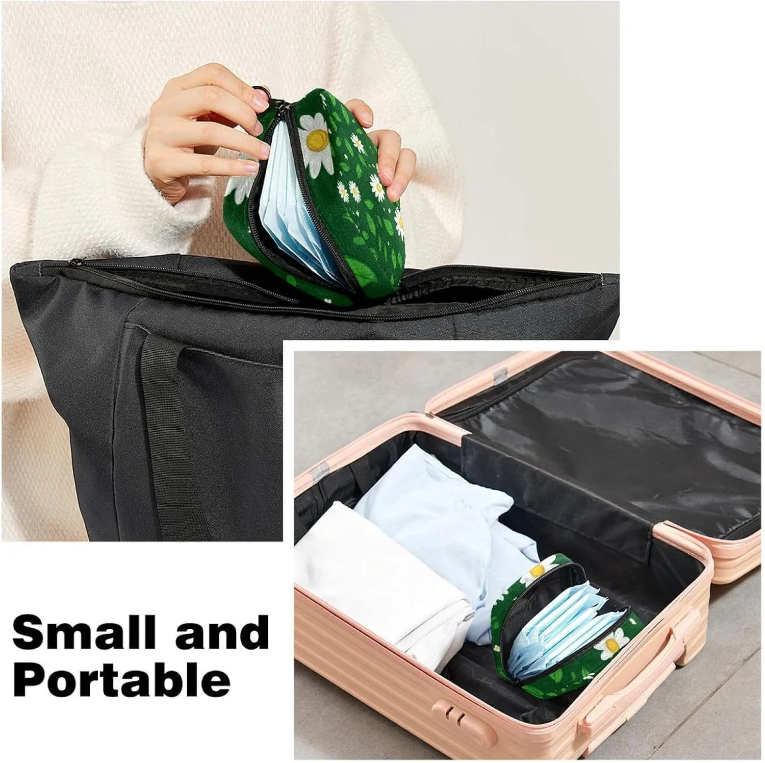 Daisy Green Leaves and Little White Flow (3) Makeup Bag, Cosmetic Bag, Portable Toiletry Bag for Women and Girls